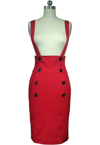 Red Plus-Size High-Waist Suspenders Pencil Skirt