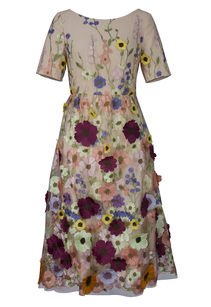 3D Floral Applique Midi Dress