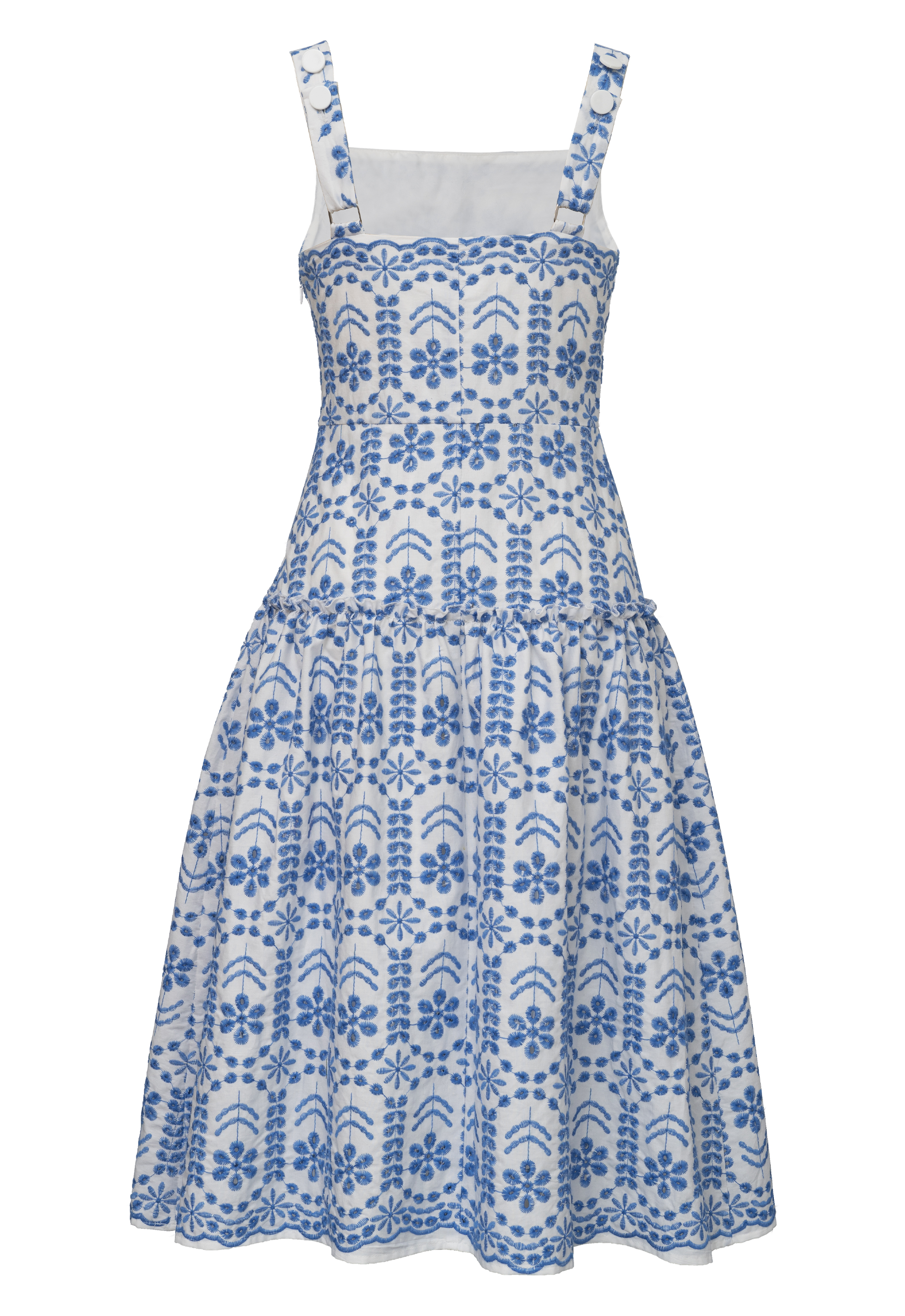 Eyelet Embroidery summer dress, floral pattern, sleeveless design, scalloped hem