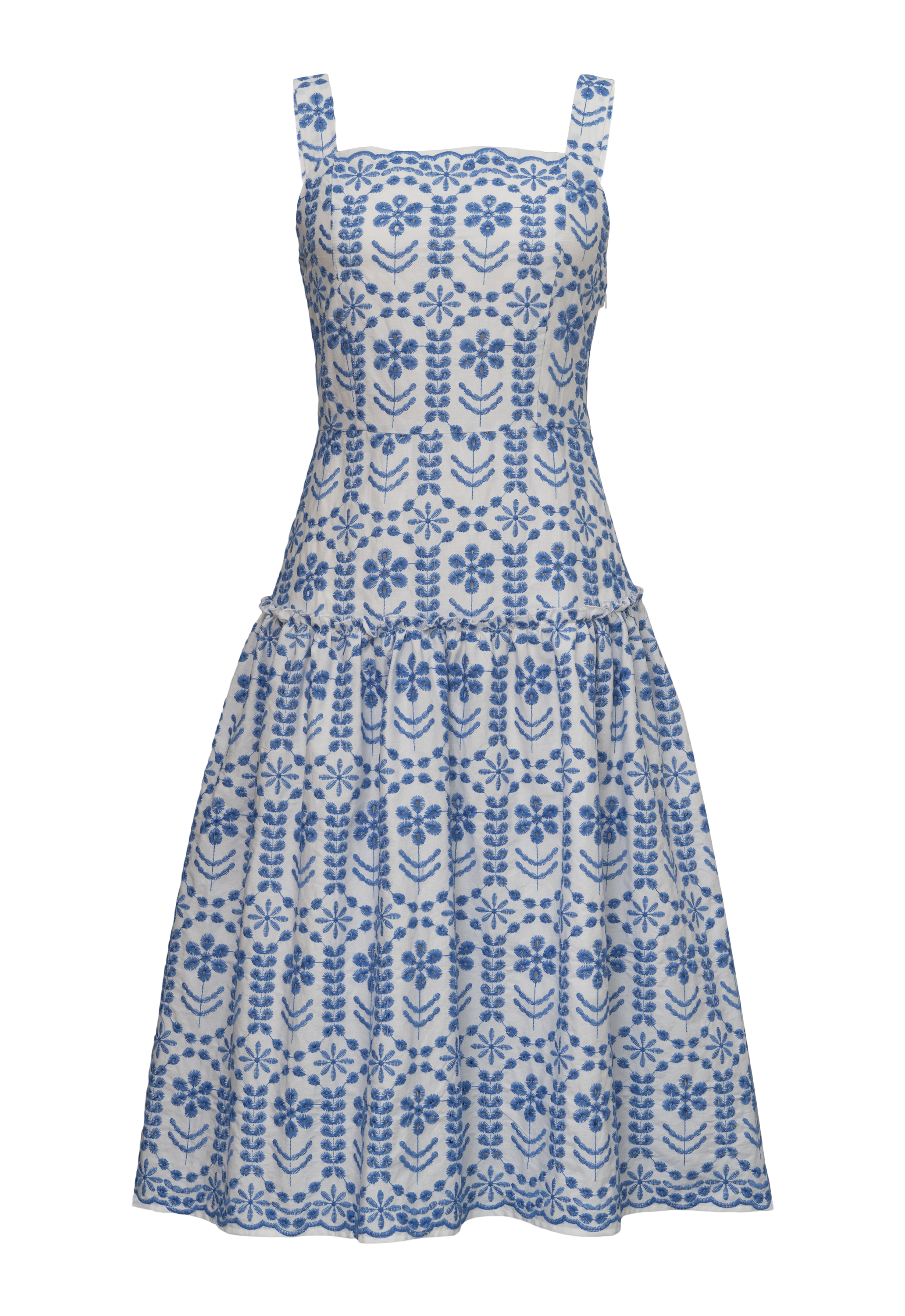 Eyelet Embroidery summer dress, floral pattern, sleeveless design, scalloped hem