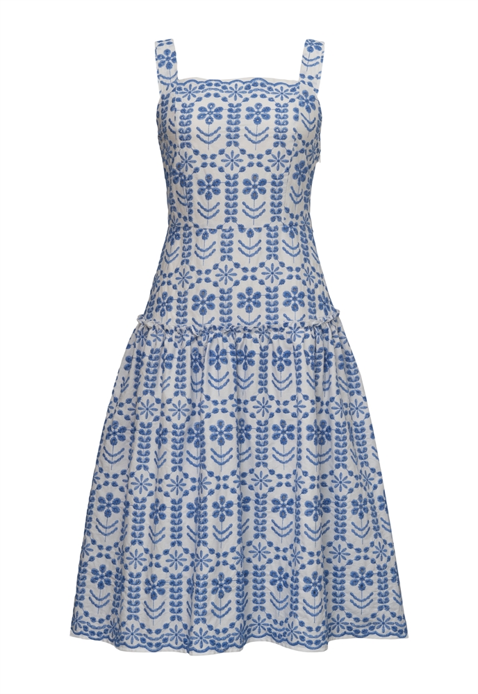 Eyelet Embroidery summer dress, floral pattern, sleeveless design, scalloped hem