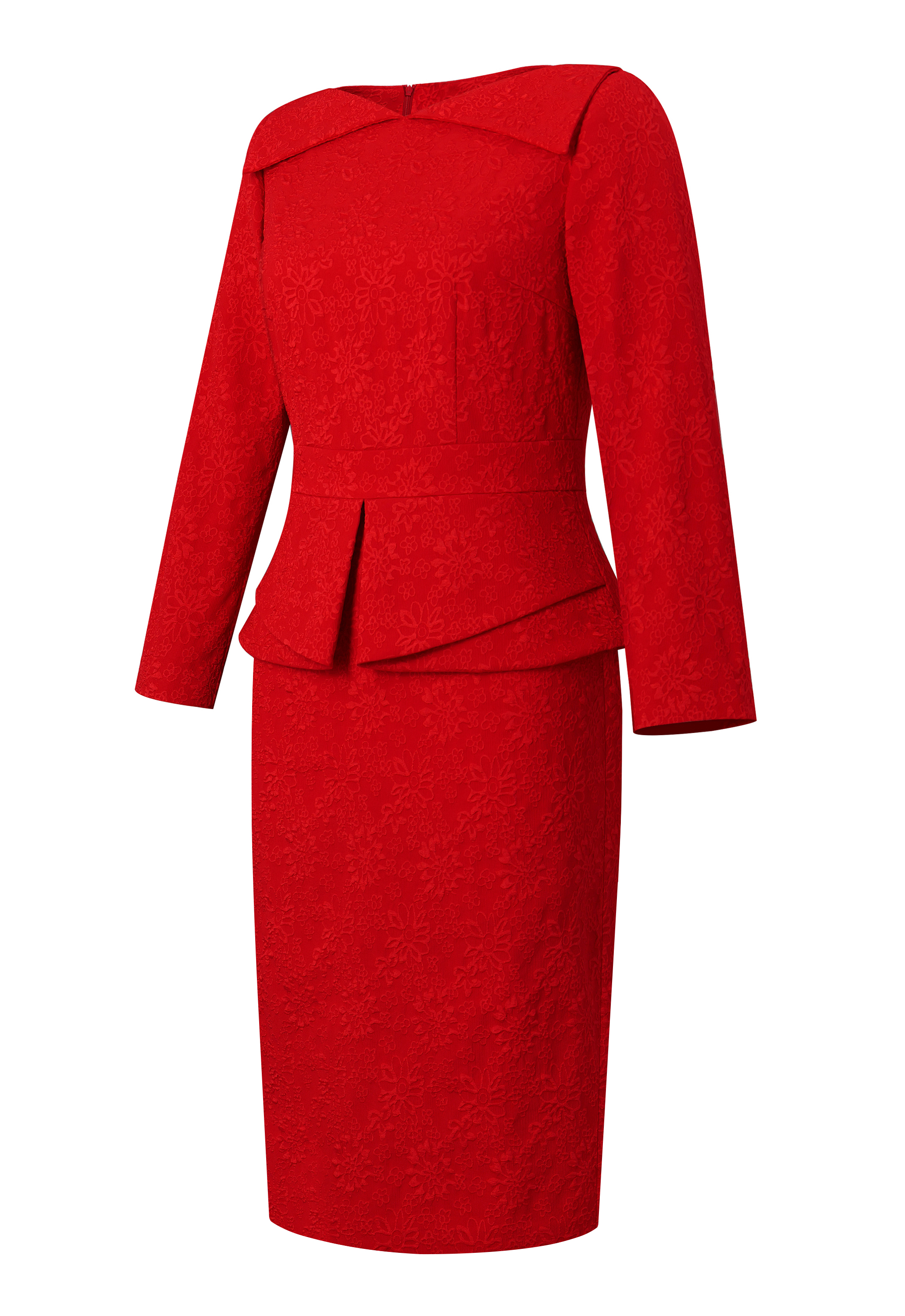 Jacquard Dress, Peplum Waist, Textured Fabric, Boat Neckline, Fitted Silhouette