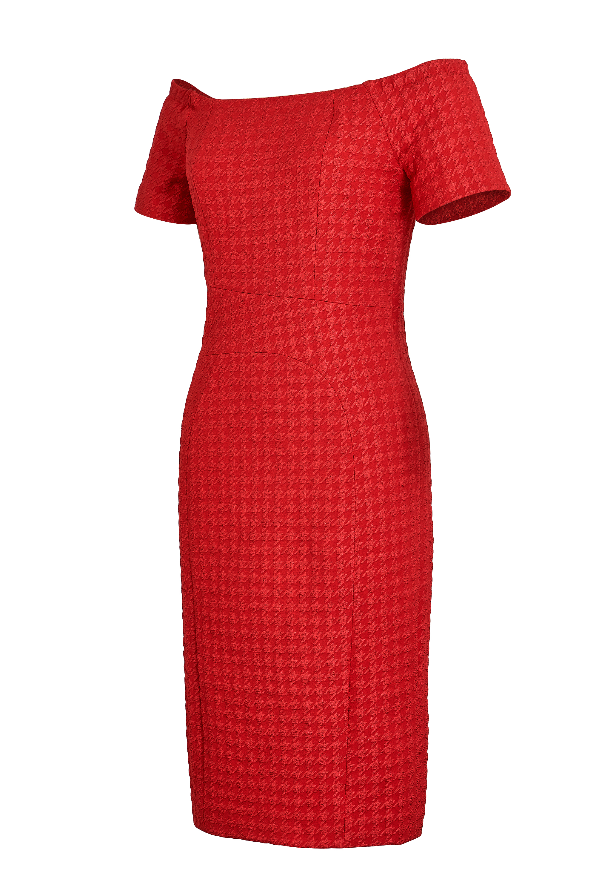 Evening Dress, Off-shoulder Neckline, Draped Overlay, Textured Houndstooth Pattern