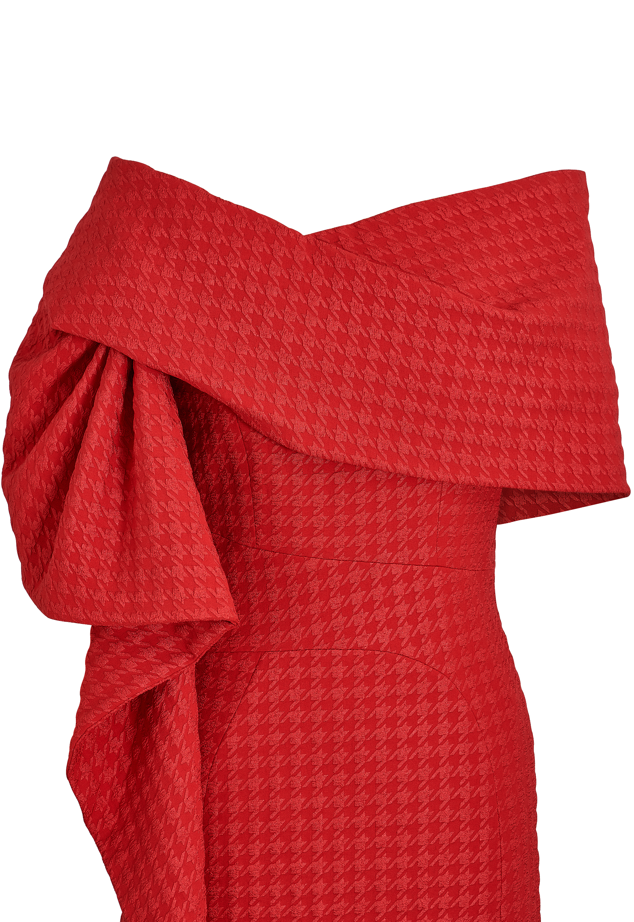 Evening Dress, Off-shoulder Neckline, Draped Overlay, Textured Houndstooth Pattern