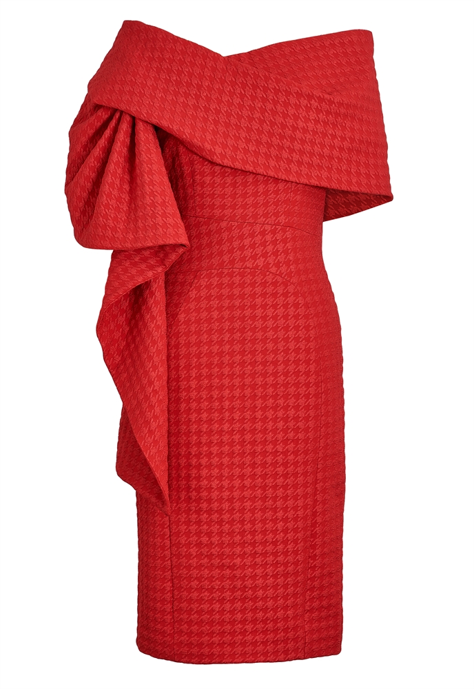 Evening Dress, Off-shoulder Neckline, Draped Overlay, Textured Houndstooth Pattern