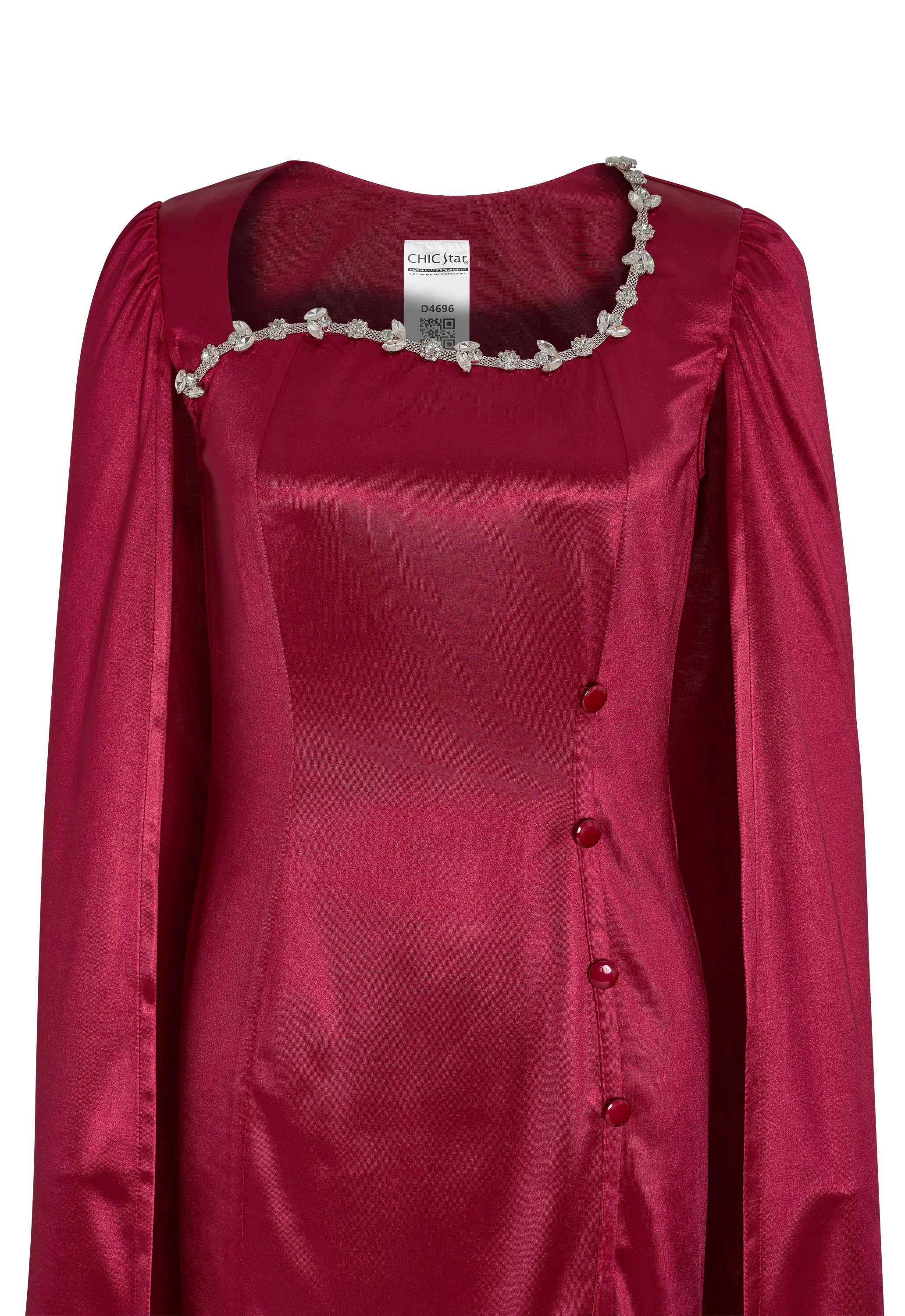 Evening Gown, Long Cape Sleeves, Asymmetrical Neckline with Pearl Embellishments