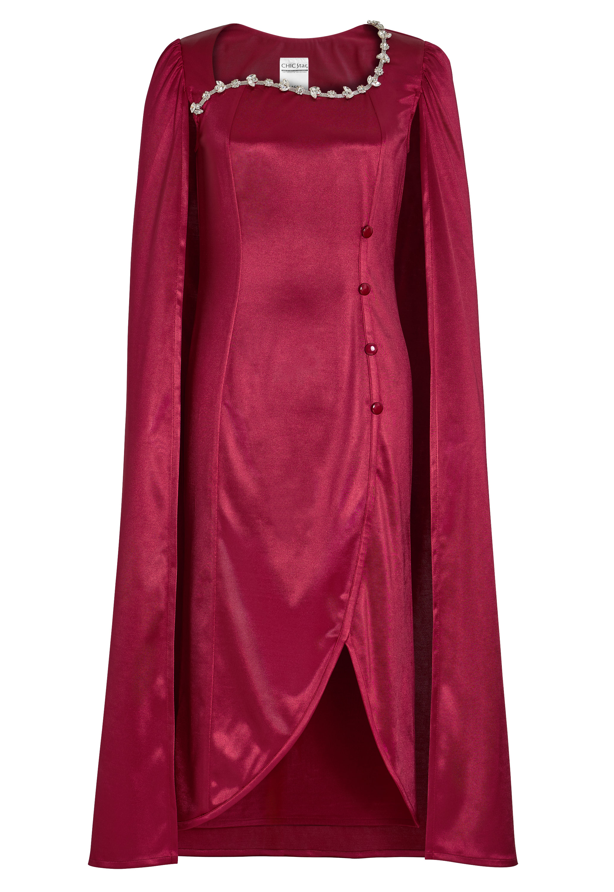 Evening Gown, Long Cape Sleeves, Asymmetrical Neckline with Pearl Embellishments