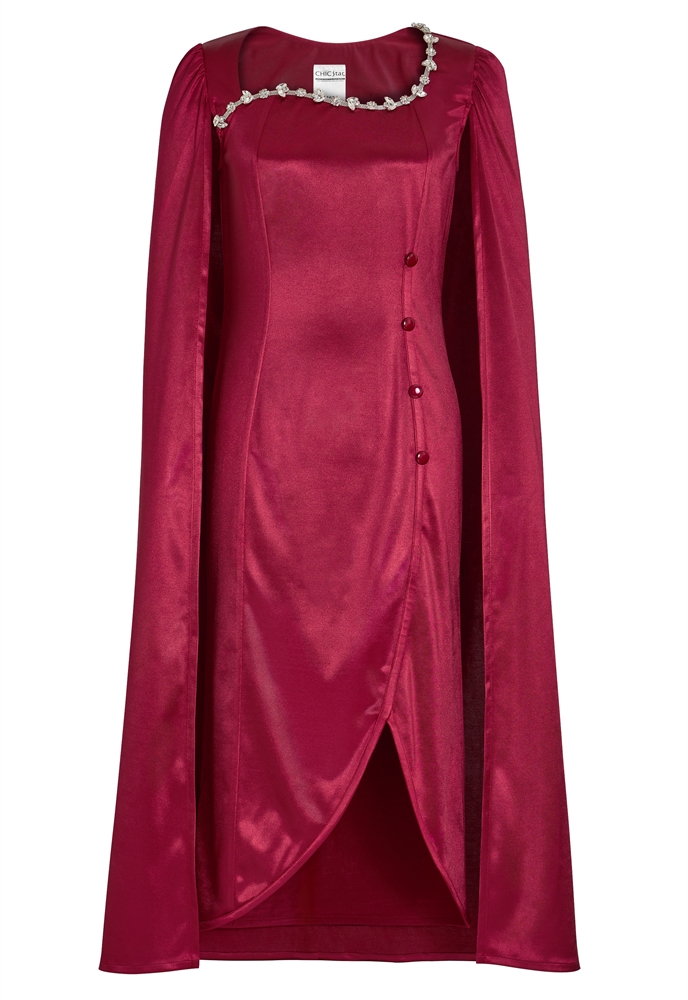 Evening Gown, Long Cape Sleeves, Asymmetrical Neckline with Pearl Embellishments