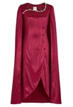 Evening Gown, Long Cape Sleeves, Asymmetrical Neckline with Pearl Embellishments