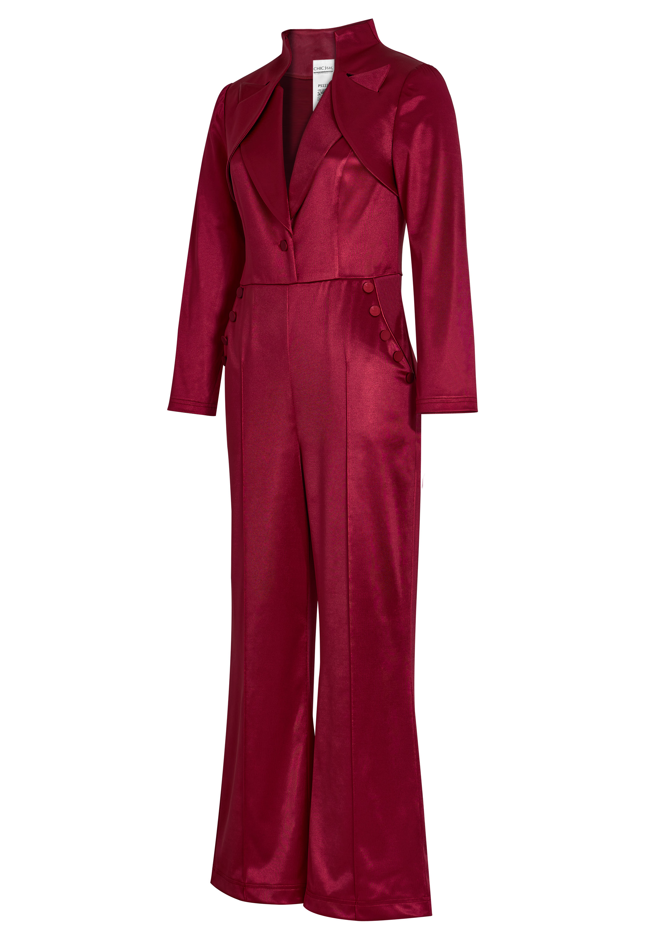 Satin Jumpsuit, Wide-leg Pants, Tailored Blazer Top,  Decorative Side Buttons