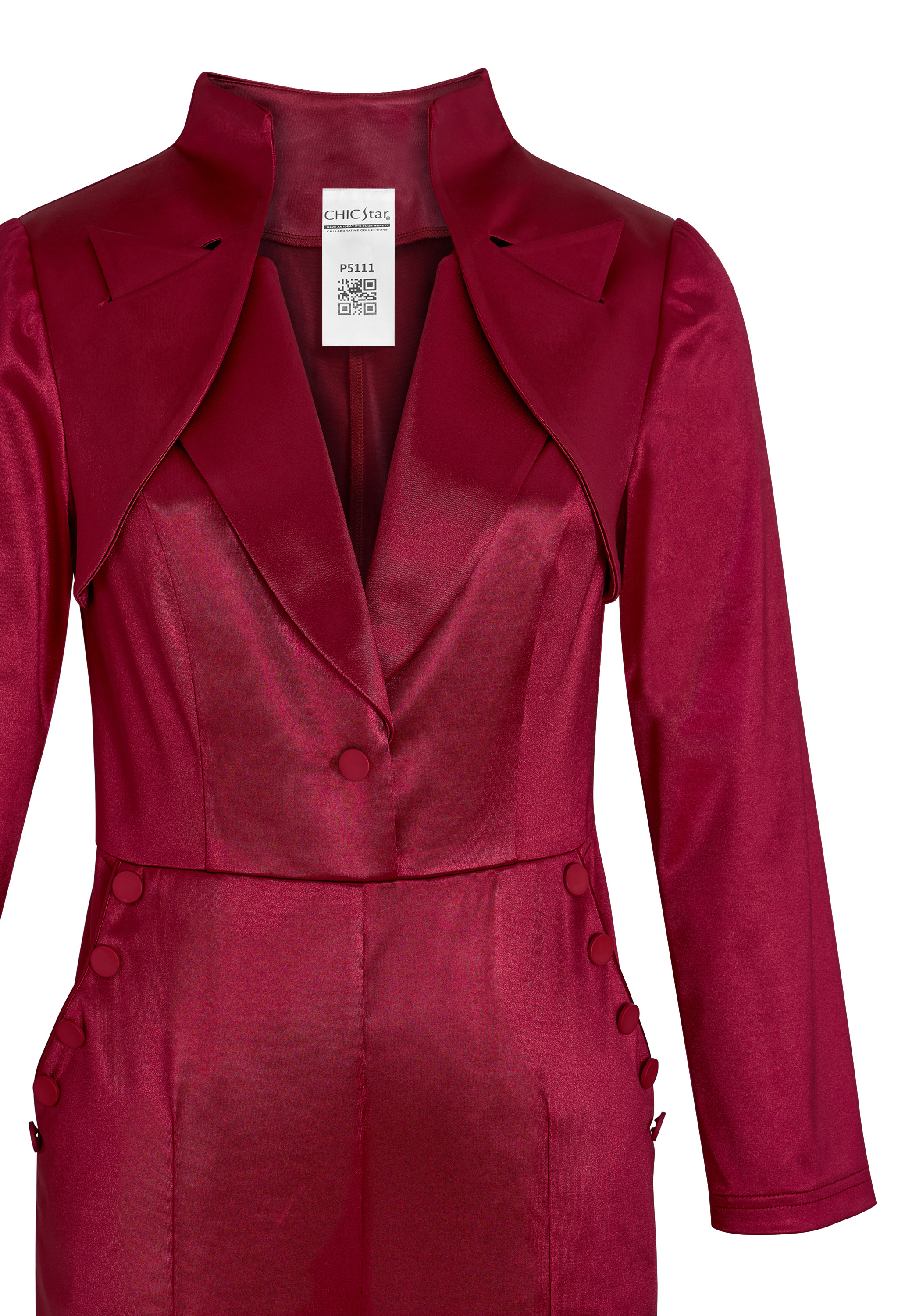 Satin Jumpsuit, Wide-leg Pants, Tailored Blazer Top,  Decorative Side Buttons