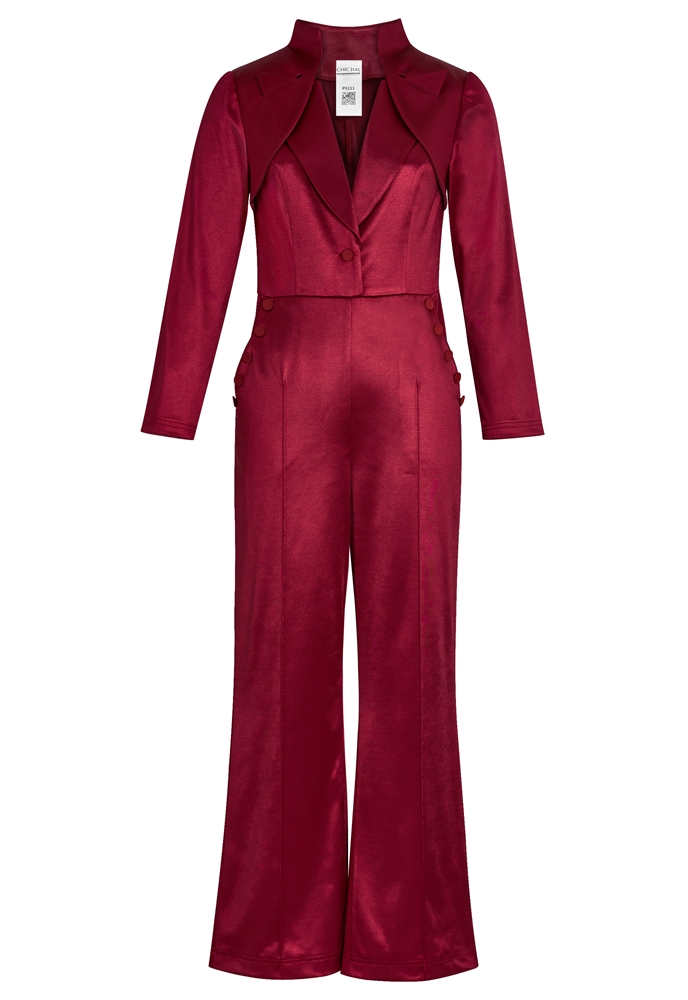 Satin Jumpsuit, Wide-leg Pants, Tailored Blazer Top,  Decorative Side Buttons