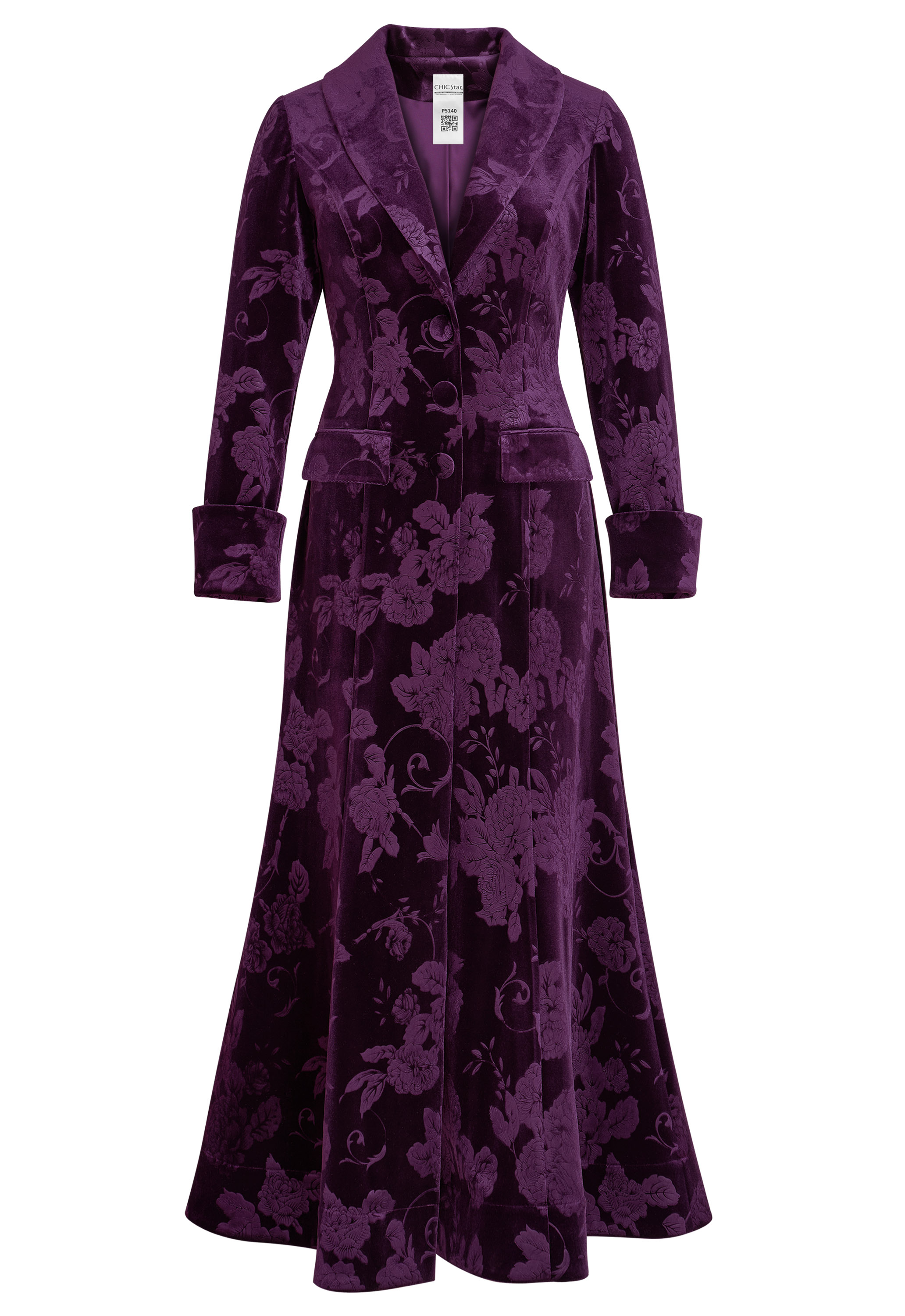 Velvet Coat Dress, Floral Pattern, Long Sleeves With Cuffed Ends, Victorian Style