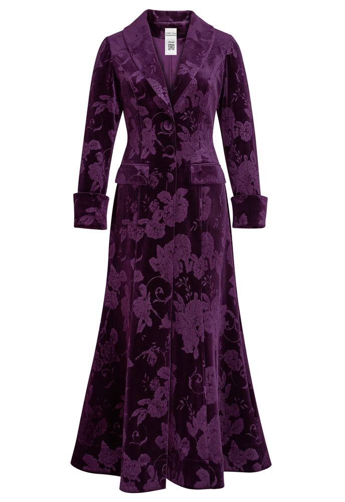 Velvet Coat Dress, Floral Pattern, Long Sleeves With Cuffed Ends, Victorian Style