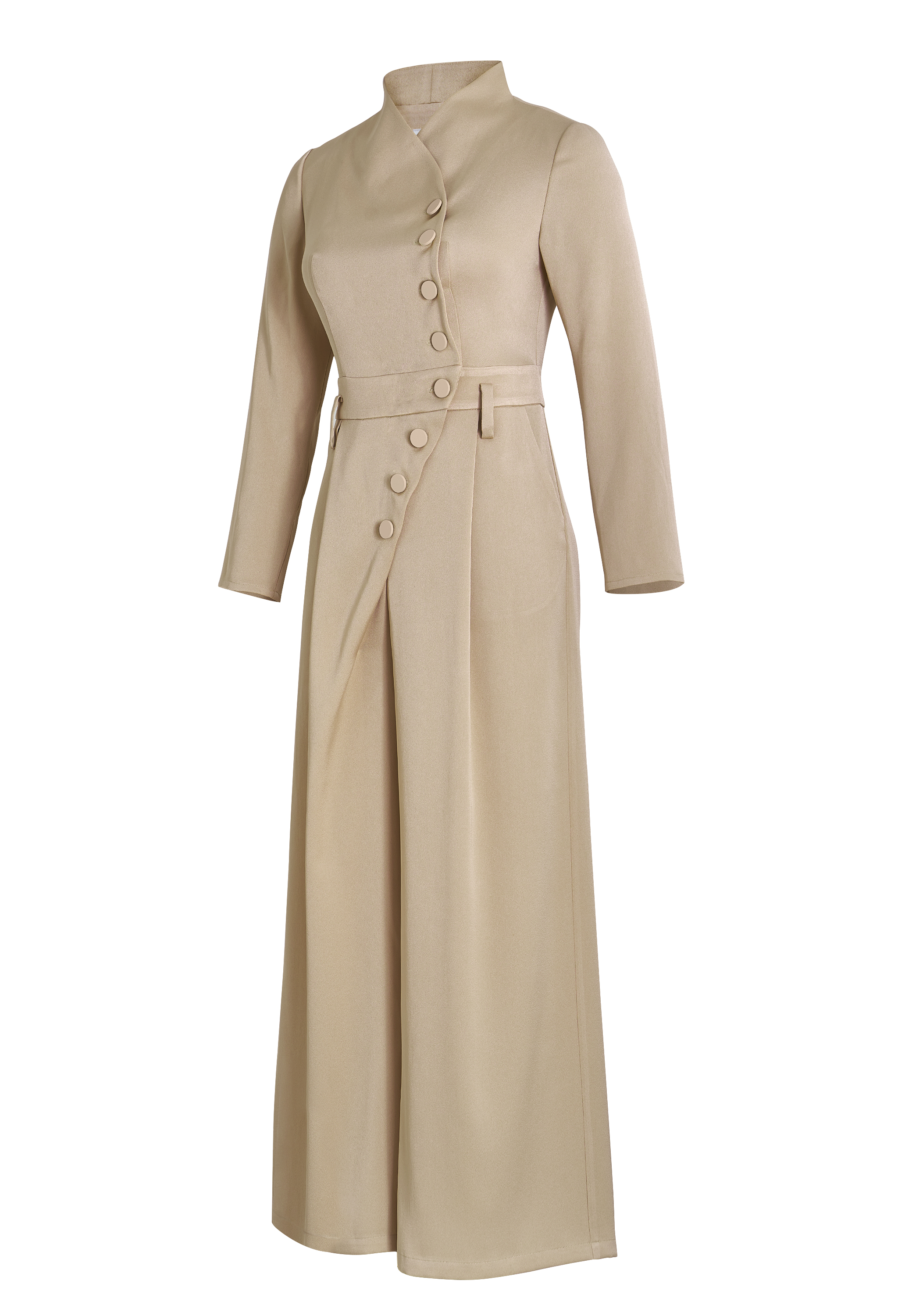 Acetate Jumpsuit, High Collar, Asymmetrical Button Closure, Fitted Waist, Wide-leg Pants, Long Sleeves