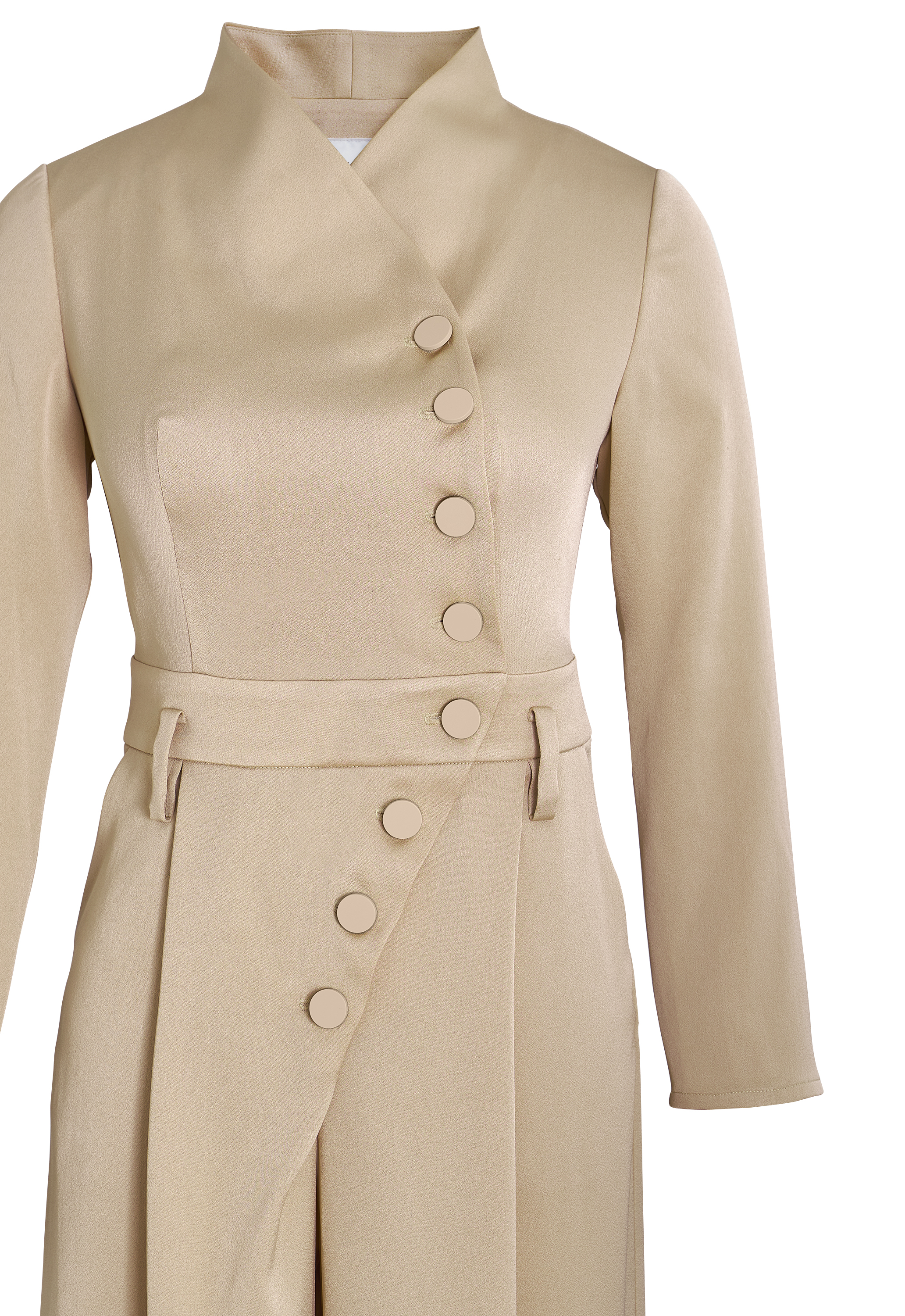 Acetate Jumpsuit, High Collar, Asymmetrical Button Closure, Fitted Waist, Wide-leg Pants, Long Sleeves
