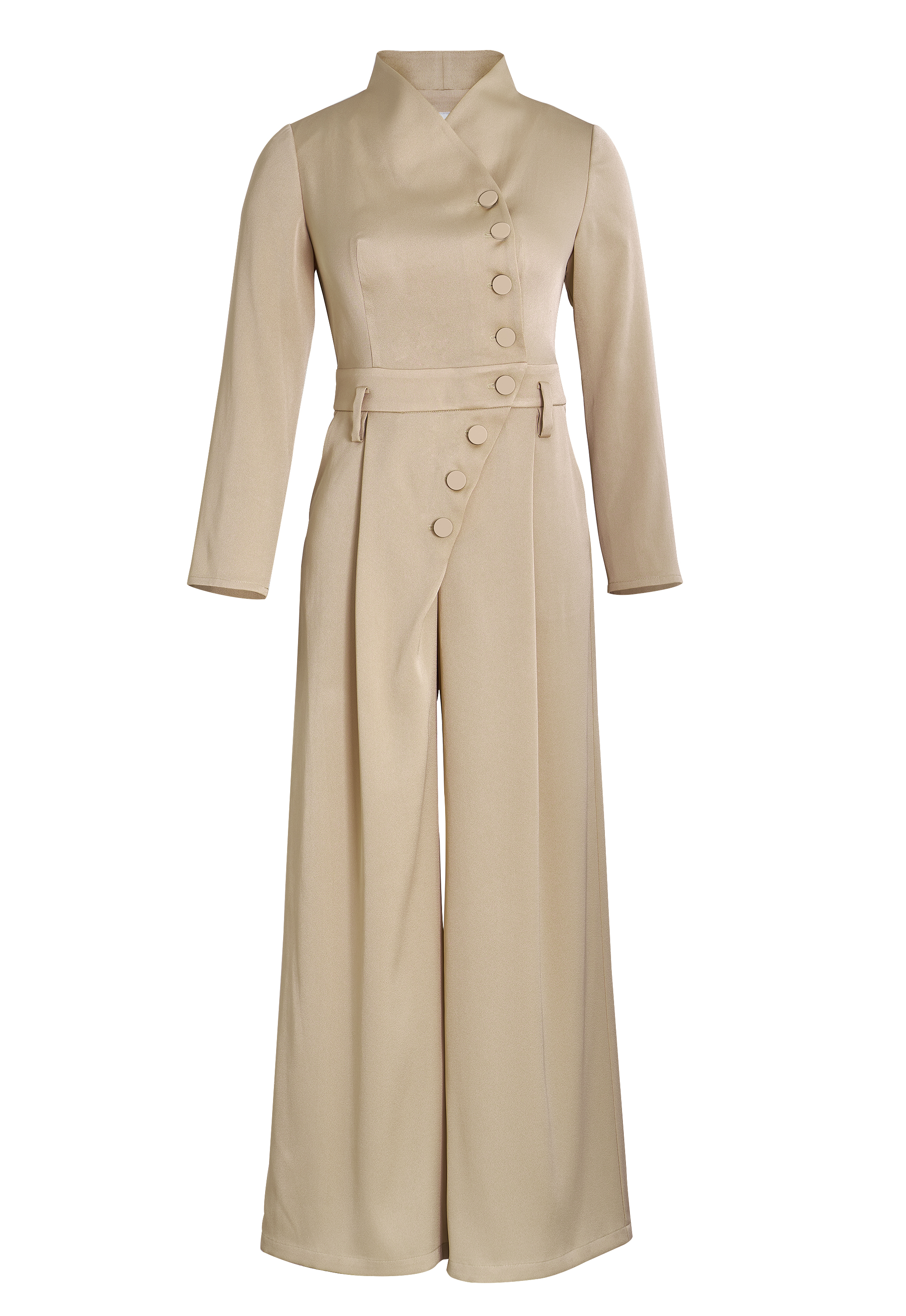 Acetate Jumpsuit, High Collar, Asymmetrical Button Closure, Fitted Waist, Wide-leg Pants, Long Sleeves