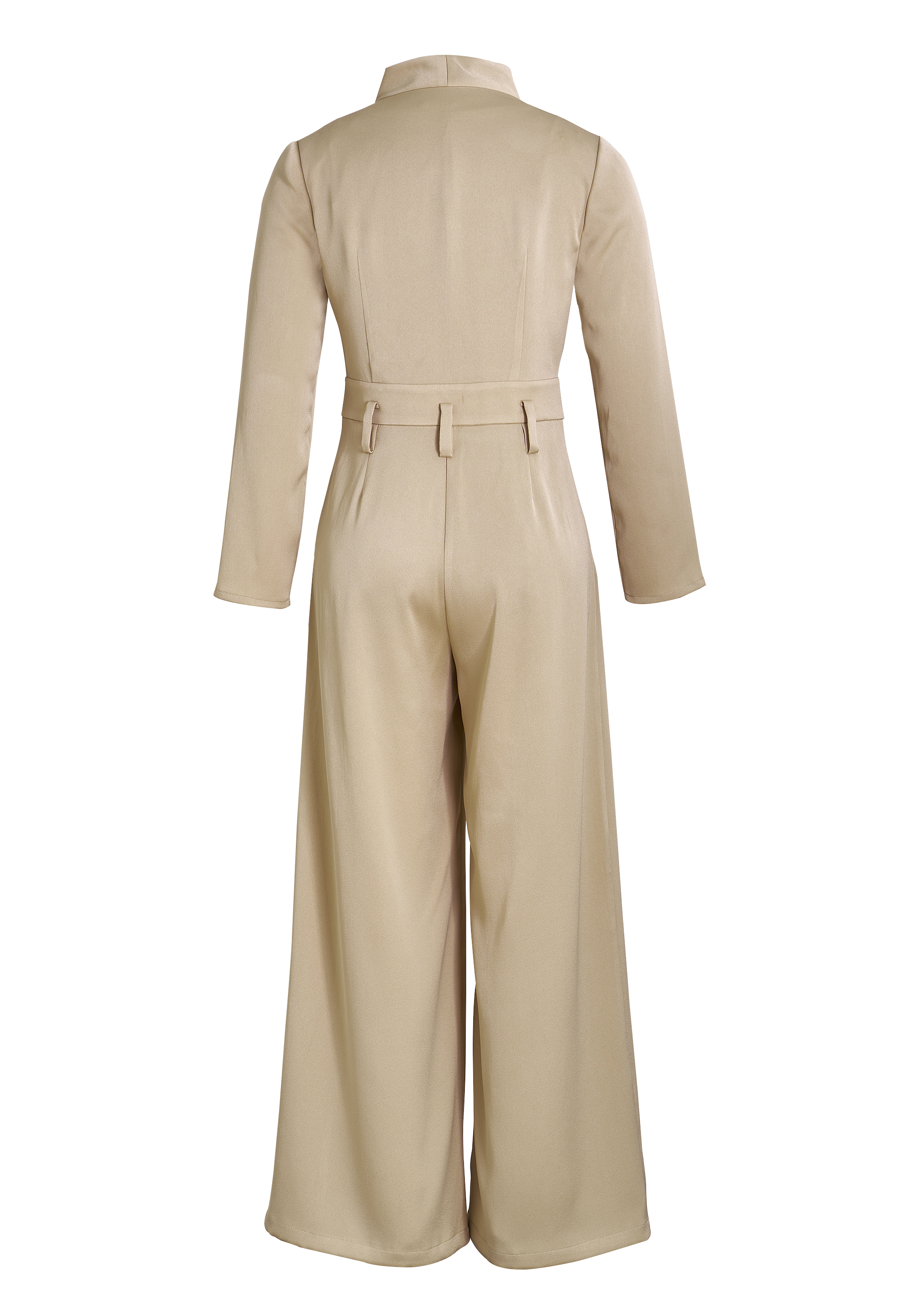 Acetate Jumpsuit, High Collar, Asymmetrical Button Closure, Fitted Waist, Wide-leg Pants, Long Sleeves