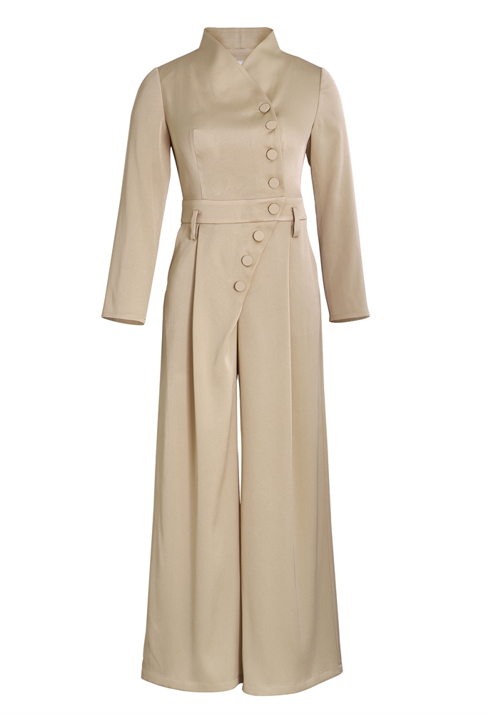 Acetate Jumpsuit, High Collar, Asymmetrical Button Closure, Fitted Waist, Wide-leg Pants, Long Sleeves