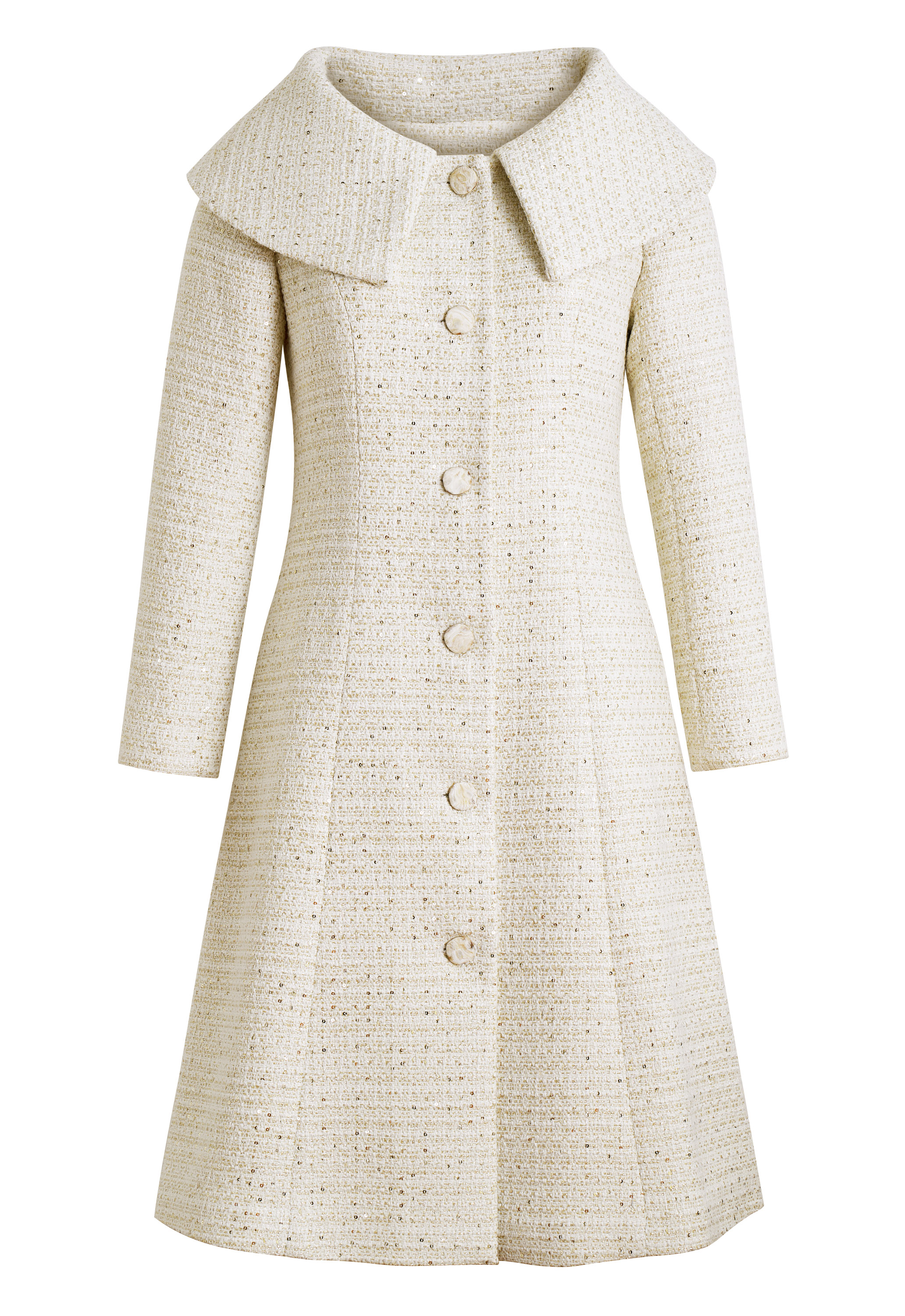 Sequined Tweed Coat, Oversized Portrait Collar, Long Sleeves, Fitted Waist