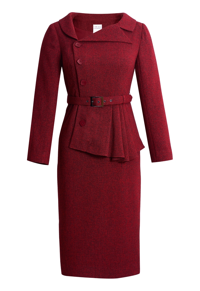 Formal Dress, Asymmetric Button Closure, Belted Waist, Long Sleeves, Tweed Fabric