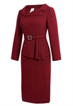 Formal Dress, Asymmetric Button Closure, Belted Waist, Long Sleeves, Tweed Fabric
