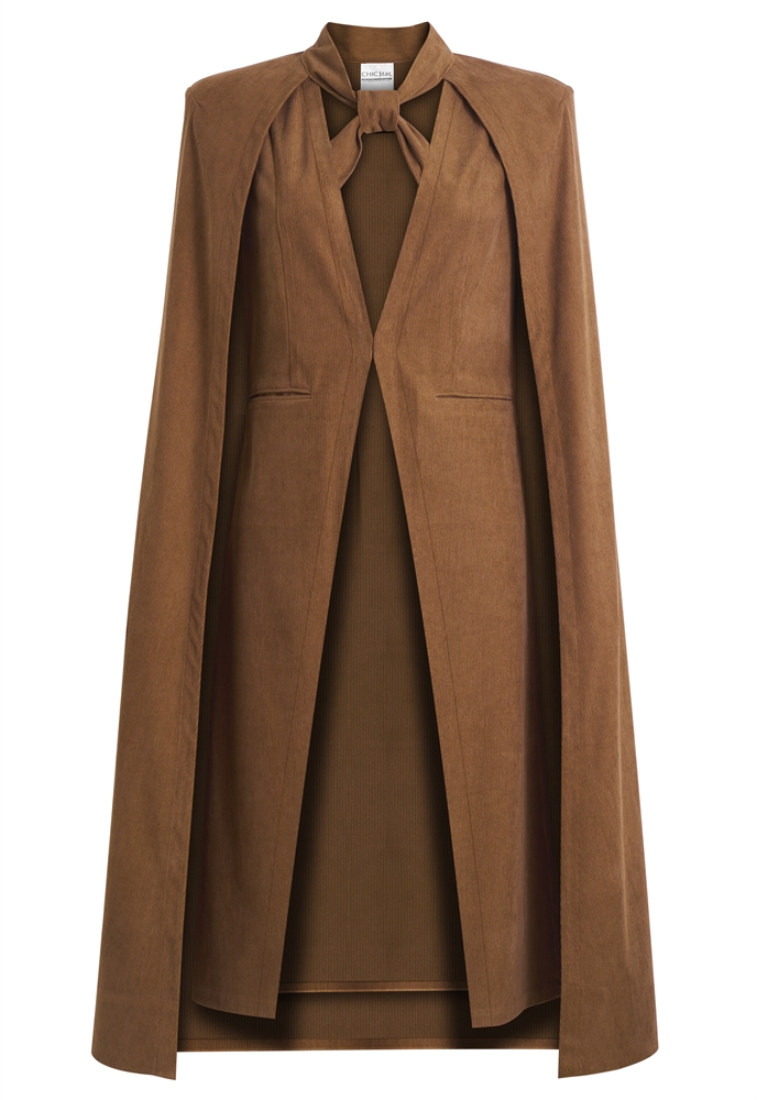 2Pcs Cape Duster, Long Flowing Silhouette, High Collar, Knotted Front Detail