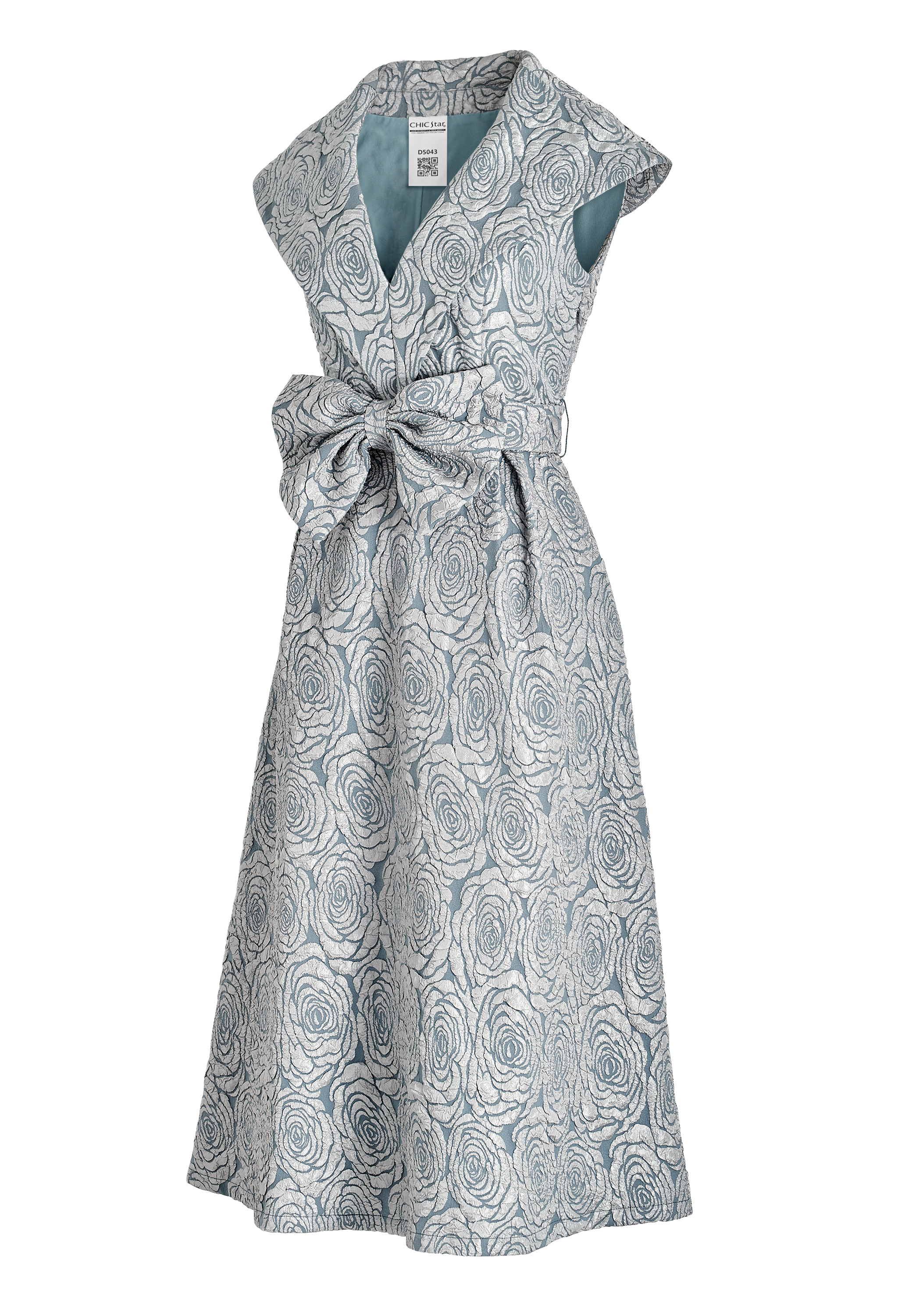 Elegant Cocktail Dress, Rose Jacquard Pattern, Cap Sleeves, V-neckline, Fitted Waist with Bow Detail