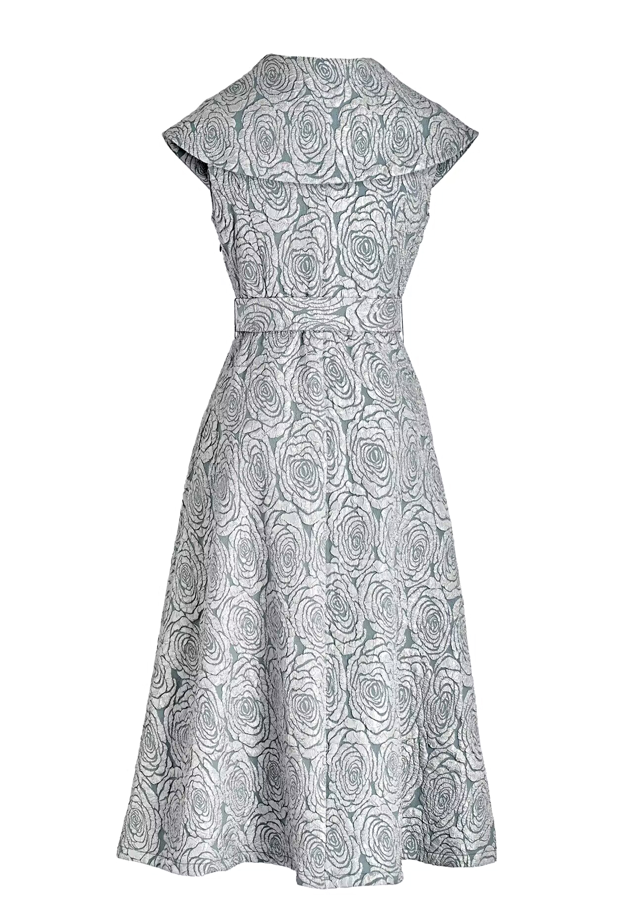 Elegant Cocktail Dress, Rose Jacquard Pattern, Cap Sleeves, V-neckline, Fitted Waist with Bow Detail