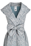 Elegant Cocktail Dress, Rose Jacquard Pattern, Cap Sleeves, V-neckline, Fitted Waist with Bow Detail