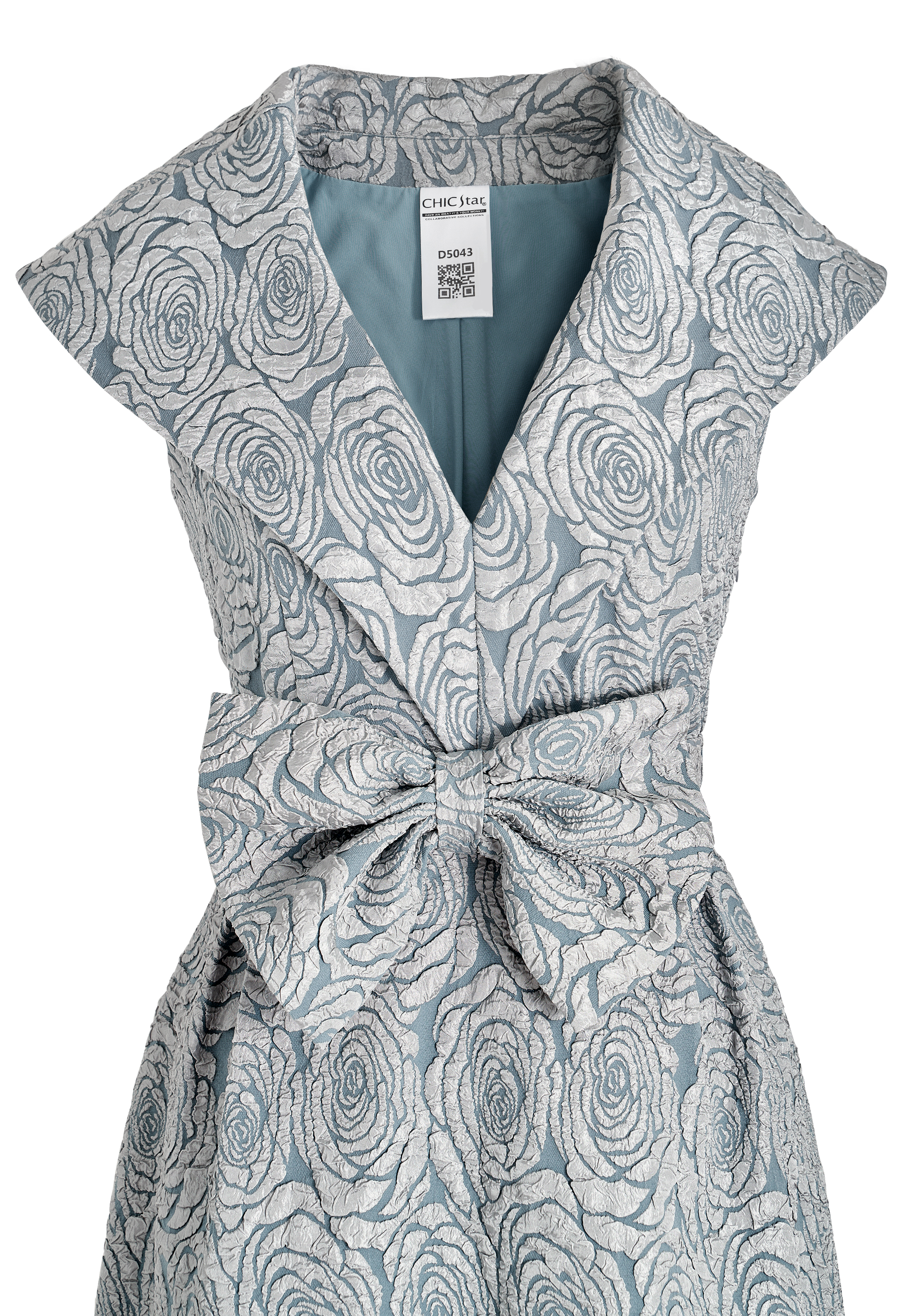 Elegant Cocktail Dress, Rose Jacquard Pattern, Cap Sleeves, V-neckline, Fitted Waist with Bow Detail