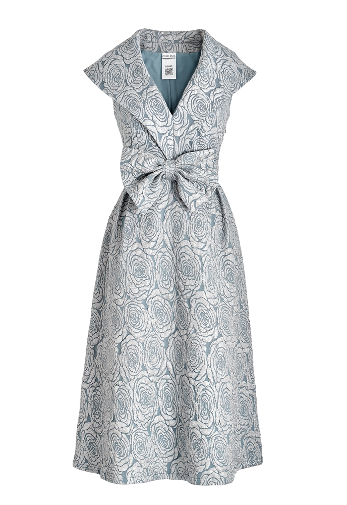 Elegant Cocktail Dress, Rose Jacquard Pattern, Cap Sleeves, V-neckline, Fitted Waist with Bow Detail