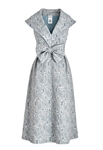 Elegant Cocktail Dress, Rose Jacquard Pattern, Cap Sleeves, V-neckline, Fitted Waist with Bow Detail
