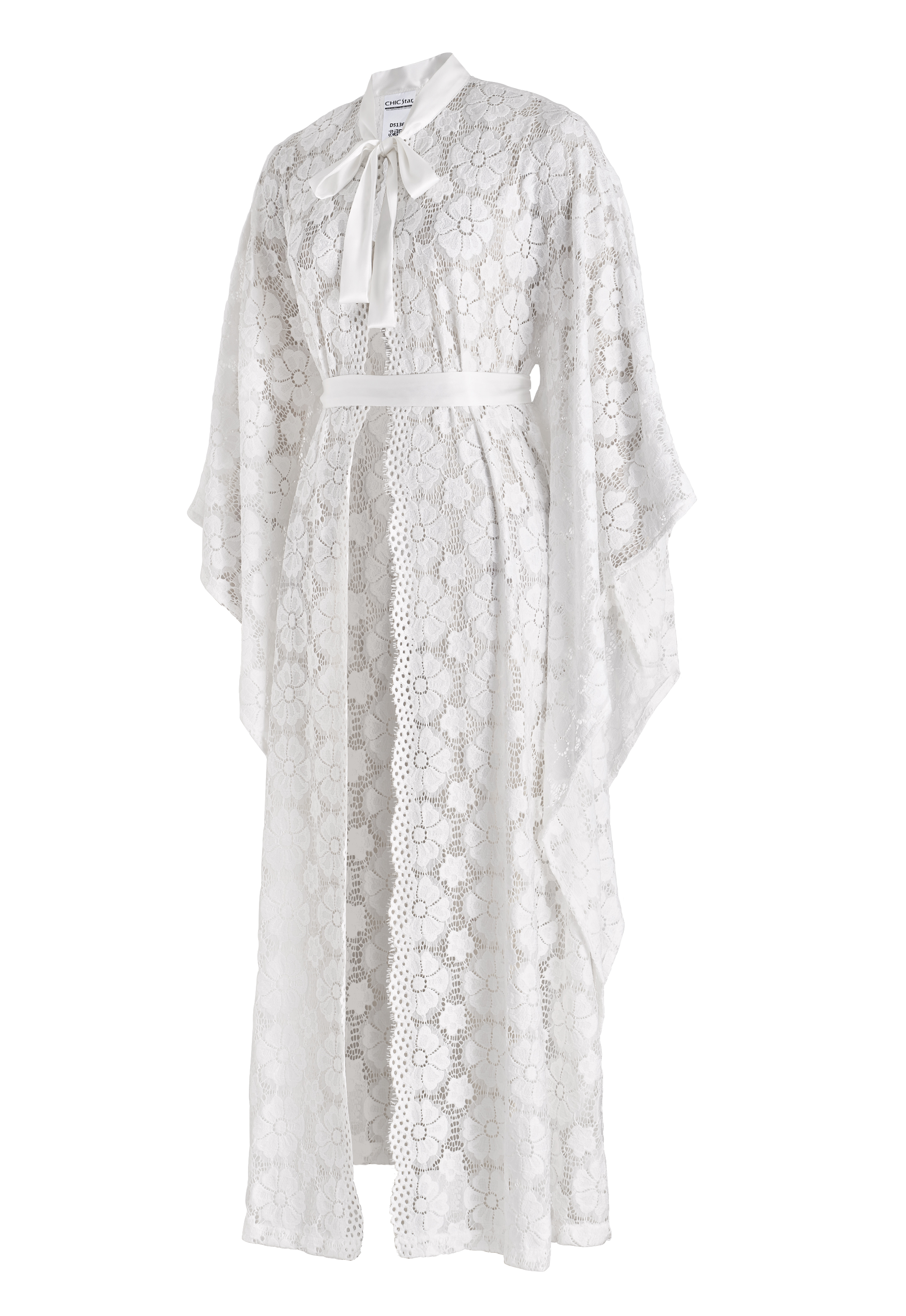 Lace Kaftan Robe Duster, Floral Lace Pattern, Wide Kimono Sleeves, Belted Waist, Pussy Bow Neckline
