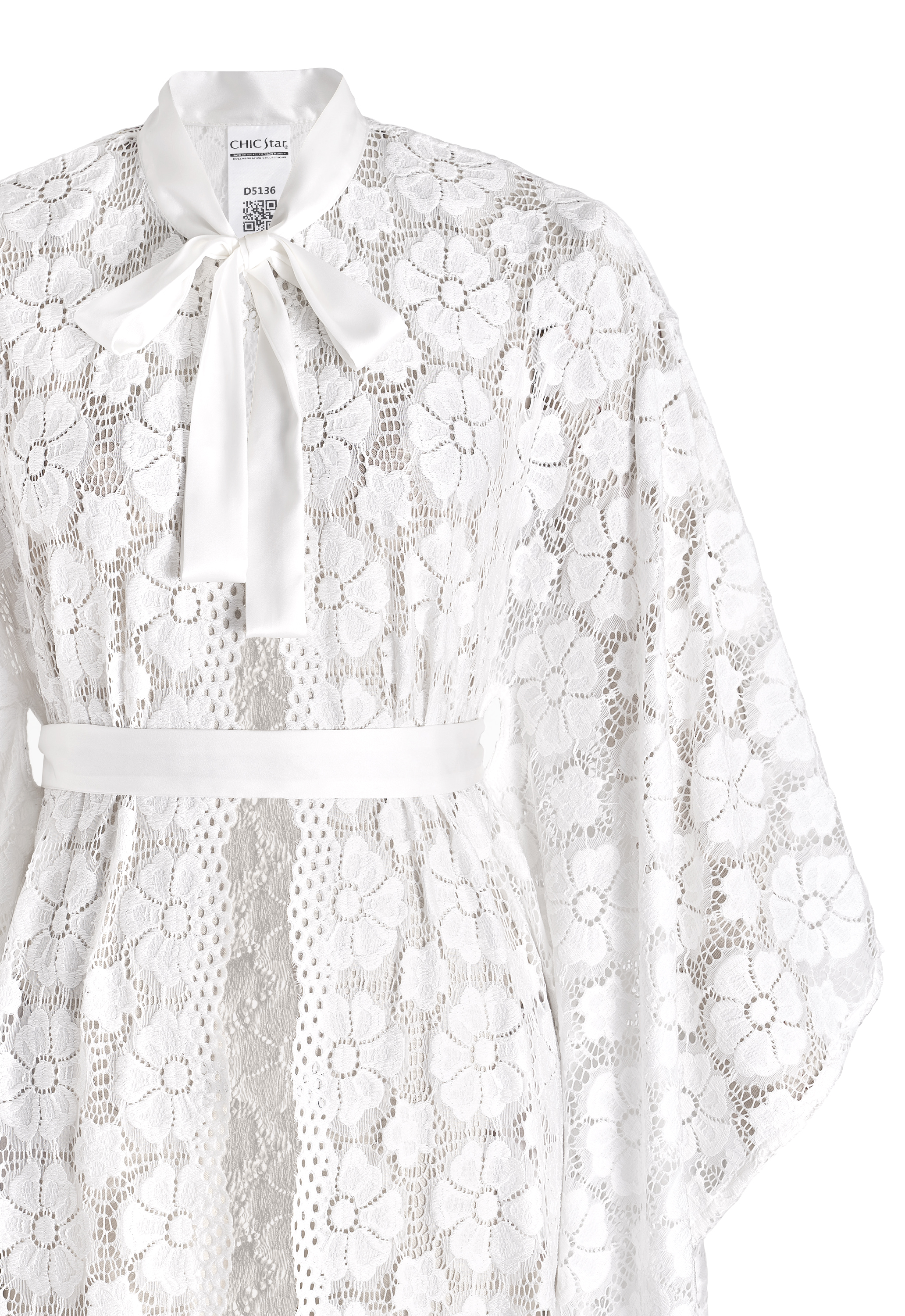Lace Kaftan Robe Duster, Floral Lace Pattern, Wide Kimono Sleeves, Belted Waist, Pussy Bow Neckline