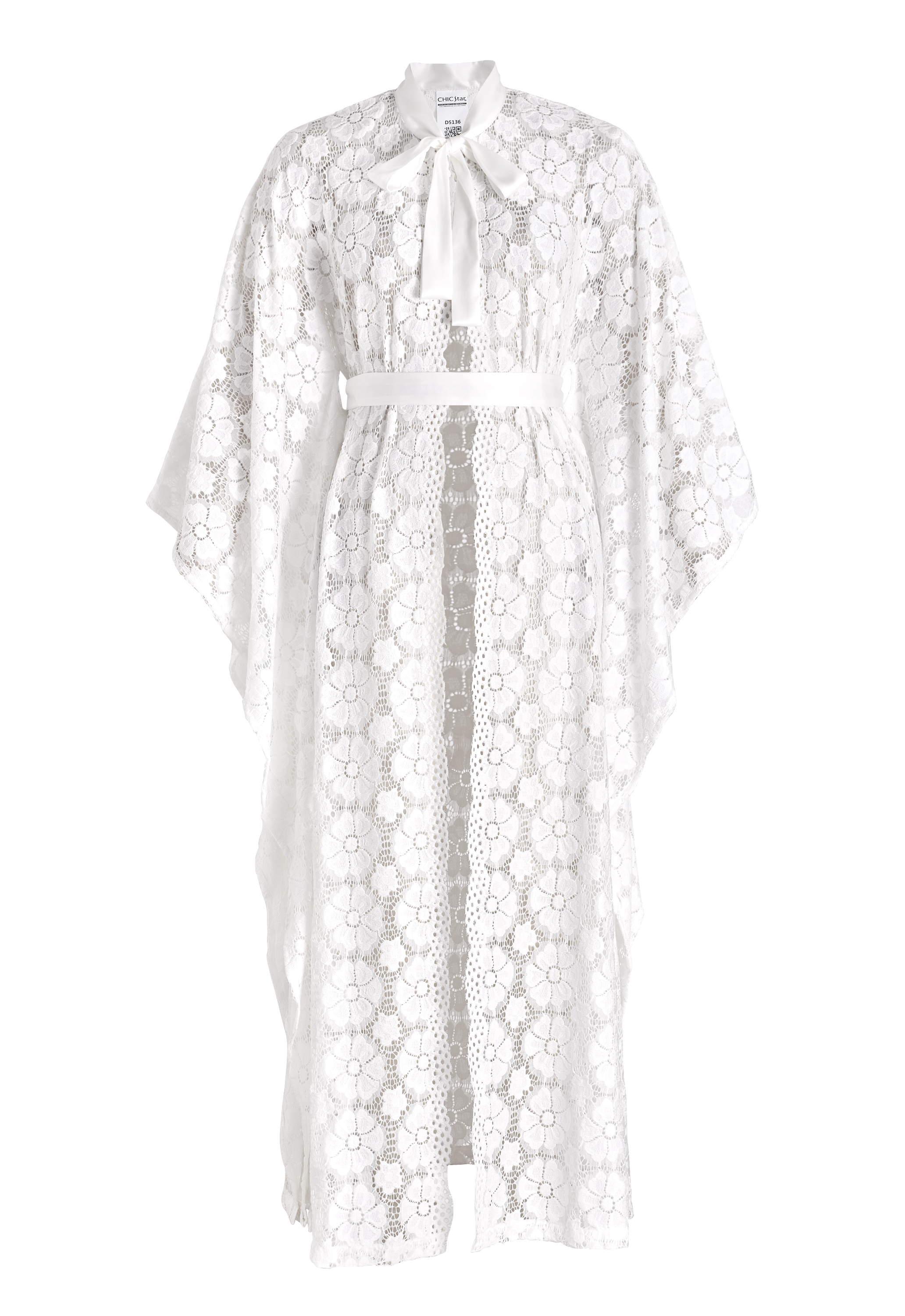 Lace Kaftan Robe Duster, Floral Lace Pattern, Wide Kimono Sleeves, Belted Waist, Pussy Bow Neckline