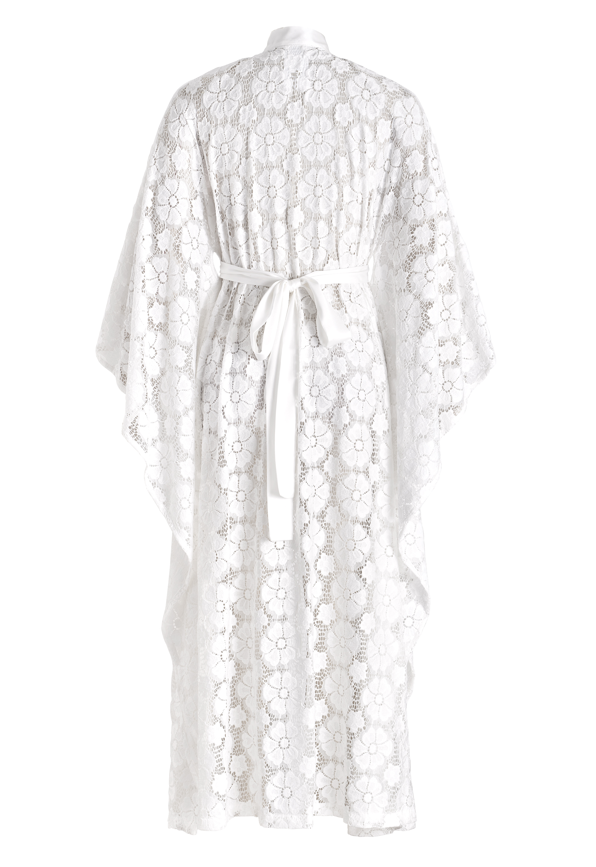 Lace Kaftan Robe Duster, Floral Lace Pattern, Wide Kimono Sleeves, Belted Waist, Pussy Bow Neckline
