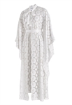 Lace Kaftan Robe Duster, Floral Lace Pattern, Wide Kimono Sleeves, Belted Waist, Pussy Bow Neckline