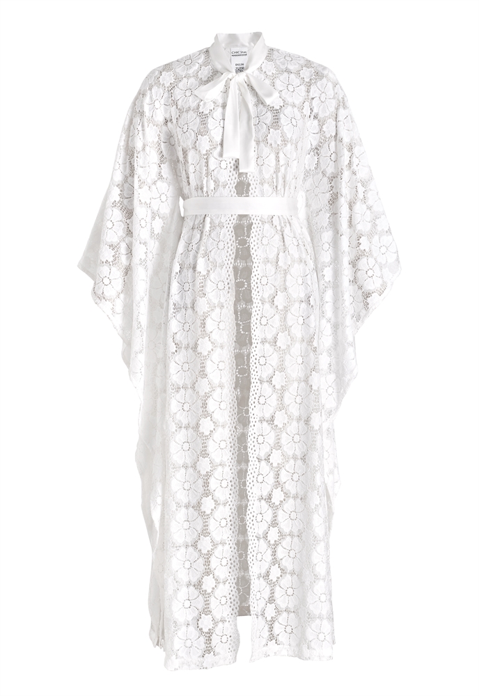 Lace Kaftan Robe Duster, Floral Lace Pattern, Wide Kimono Sleeves, Belted Waist, Pussy Bow Neckline