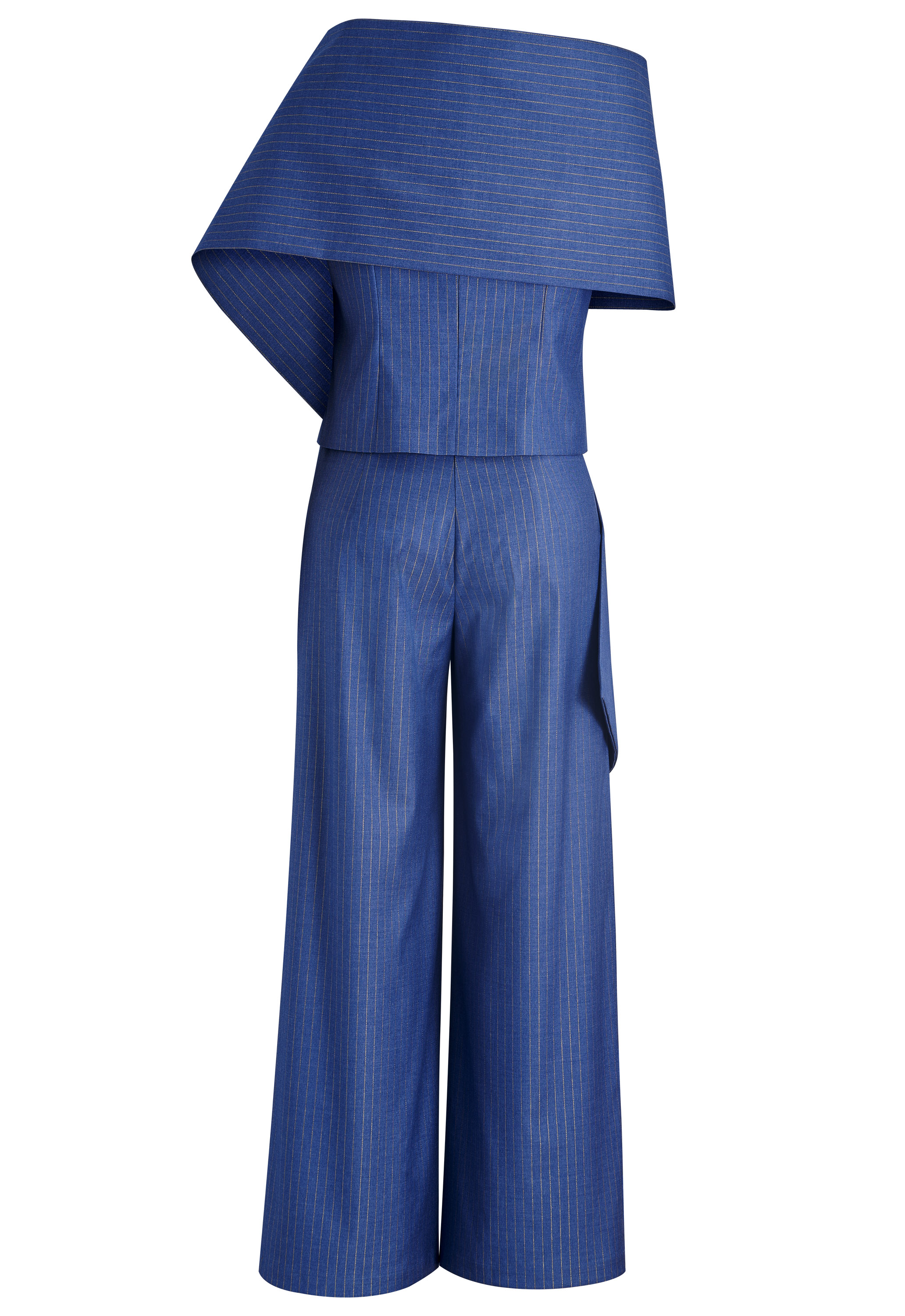 3-Piece Pinstripe Pantsuits, Asymmetrical Draped Collar, Wide-leg Pants, Fitted Waist
