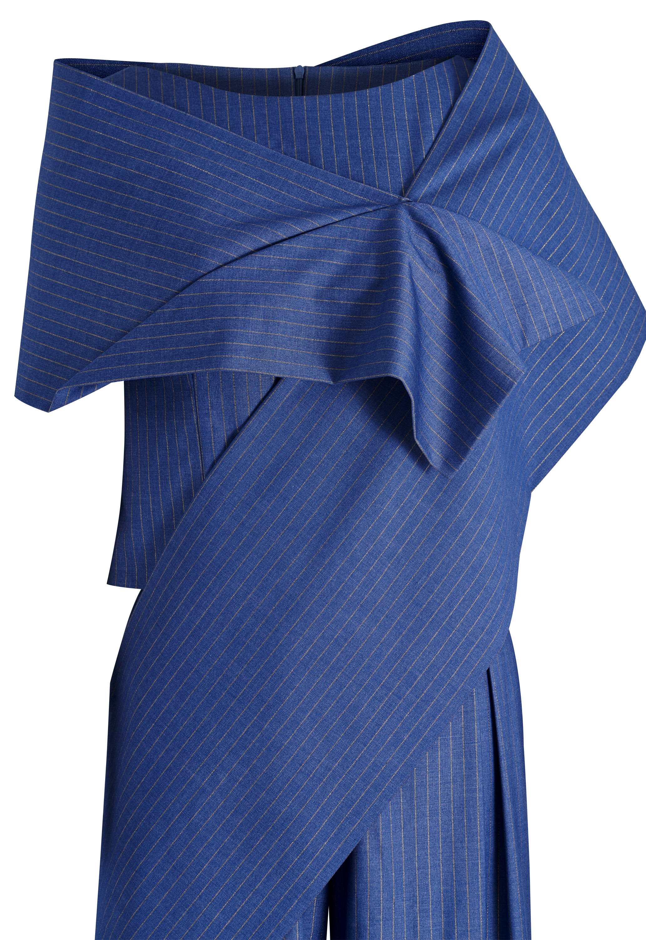 3-Piece Pinstripe Pantsuits, Asymmetrical Draped Collar, Wide-leg Pants, Fitted Waist