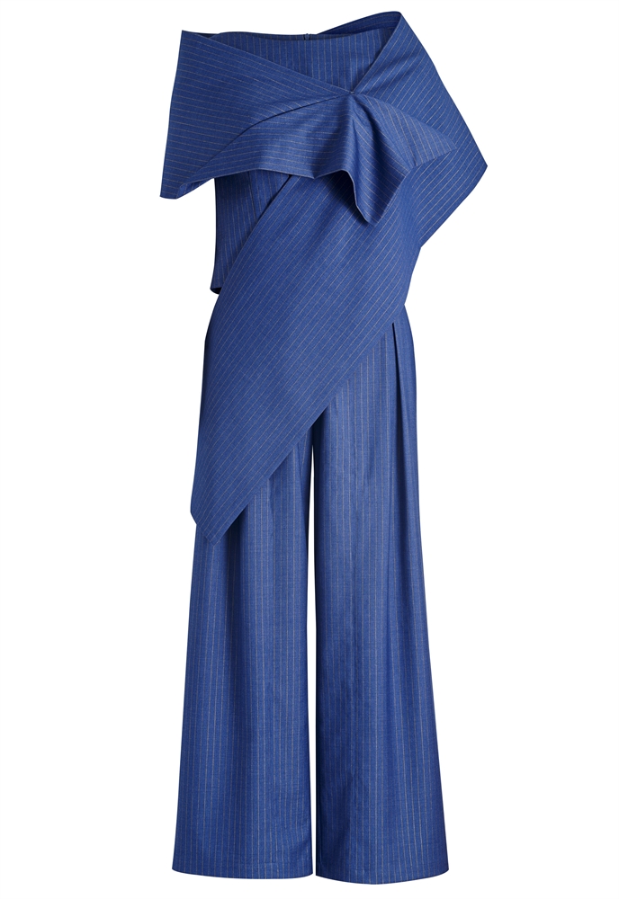 3-Piece Pinstripe Pantsuits, Asymmetrical Draped Collar, Wide-leg Pants, Fitted Waist