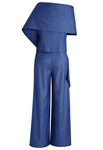 3-Piece Pinstripe Pantsuits, Asymmetrical Draped Collar, Wide-leg Pants, Fitted Waist