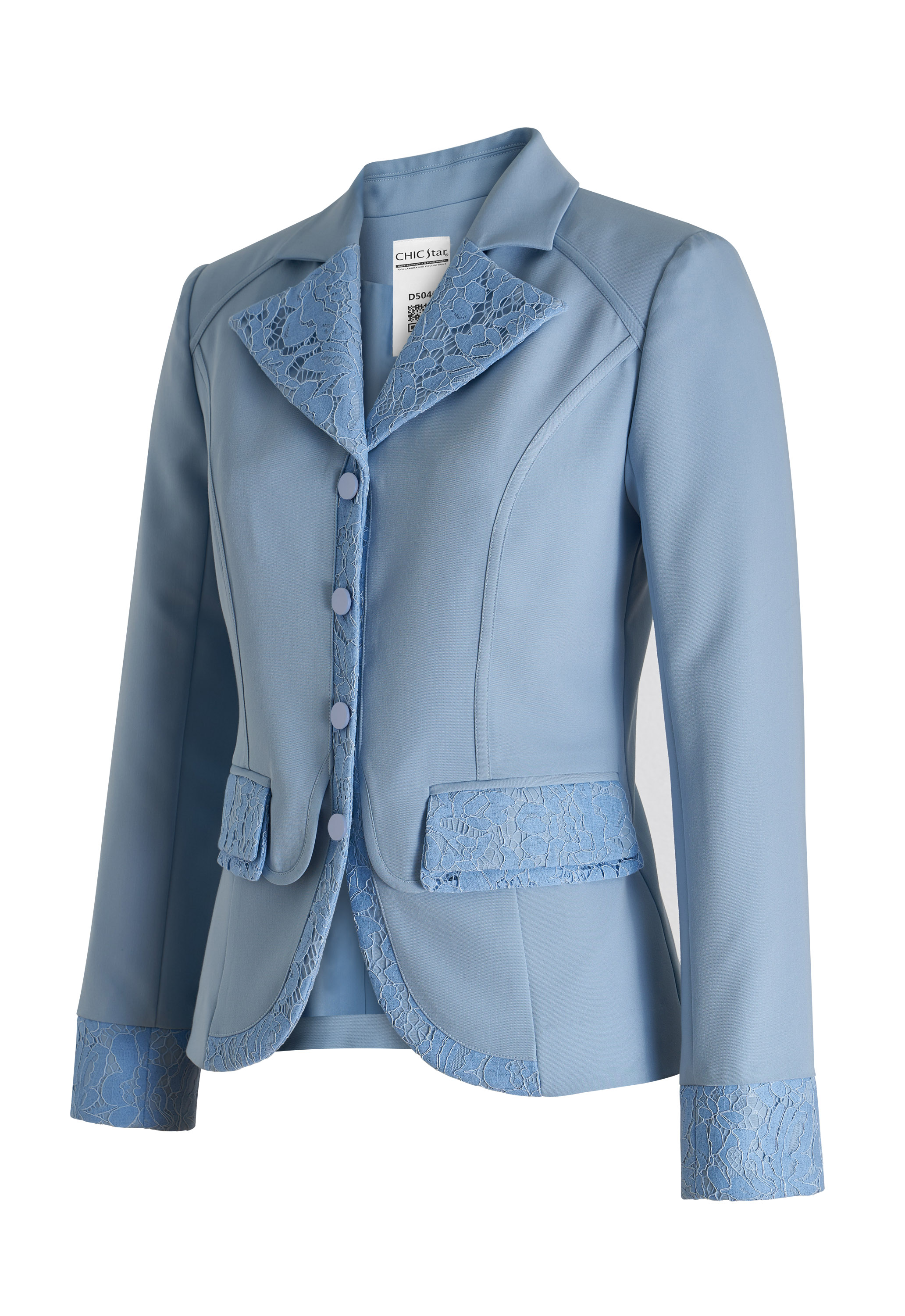 Blazer Jacket, Lace Trim Details,  Embellished Lapels, Ornate Cuffs, Flap Pockets