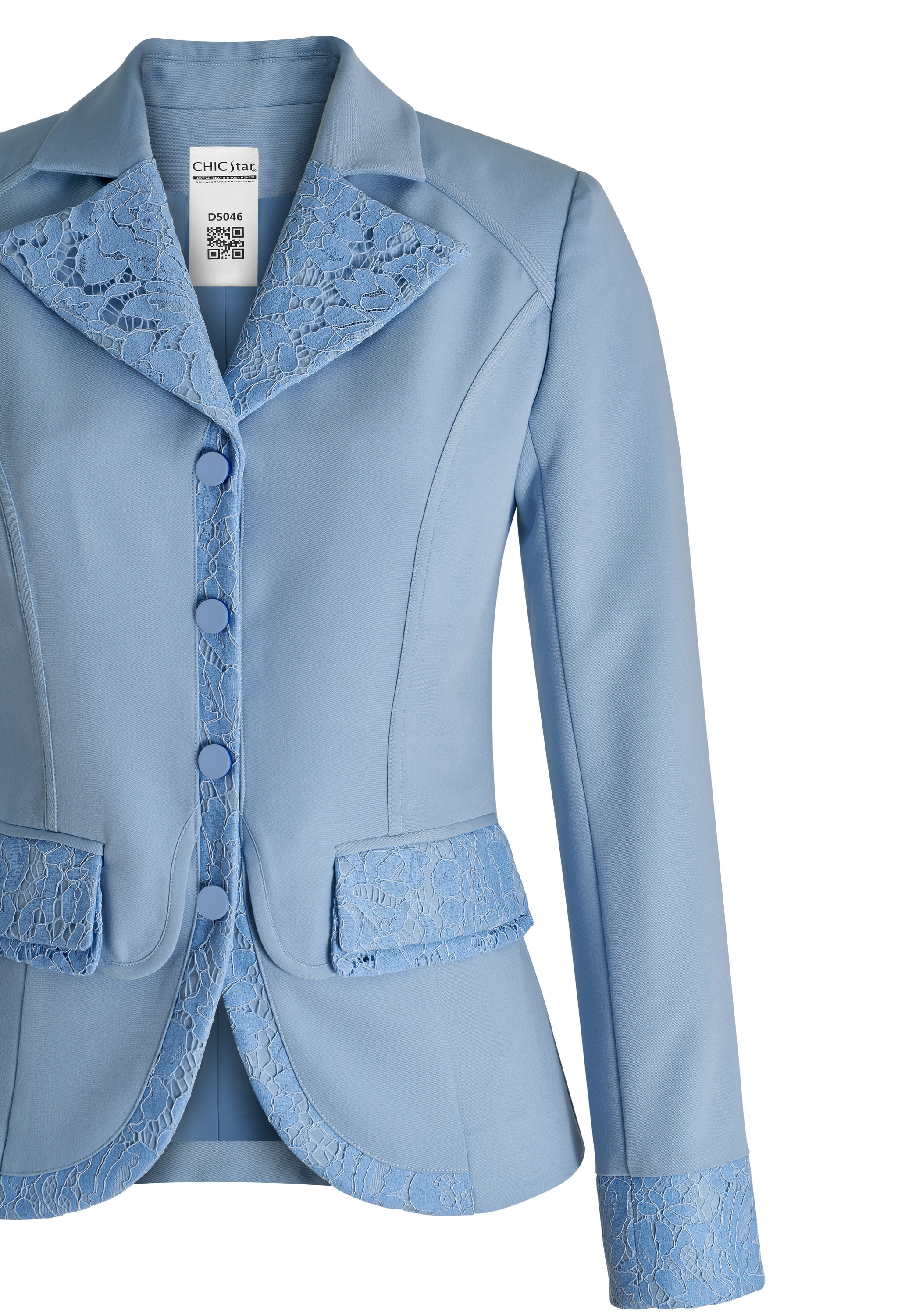 Blazer Jacket, Lace Trim Details,  Embellished Lapels, Ornate Cuffs, Flap Pockets