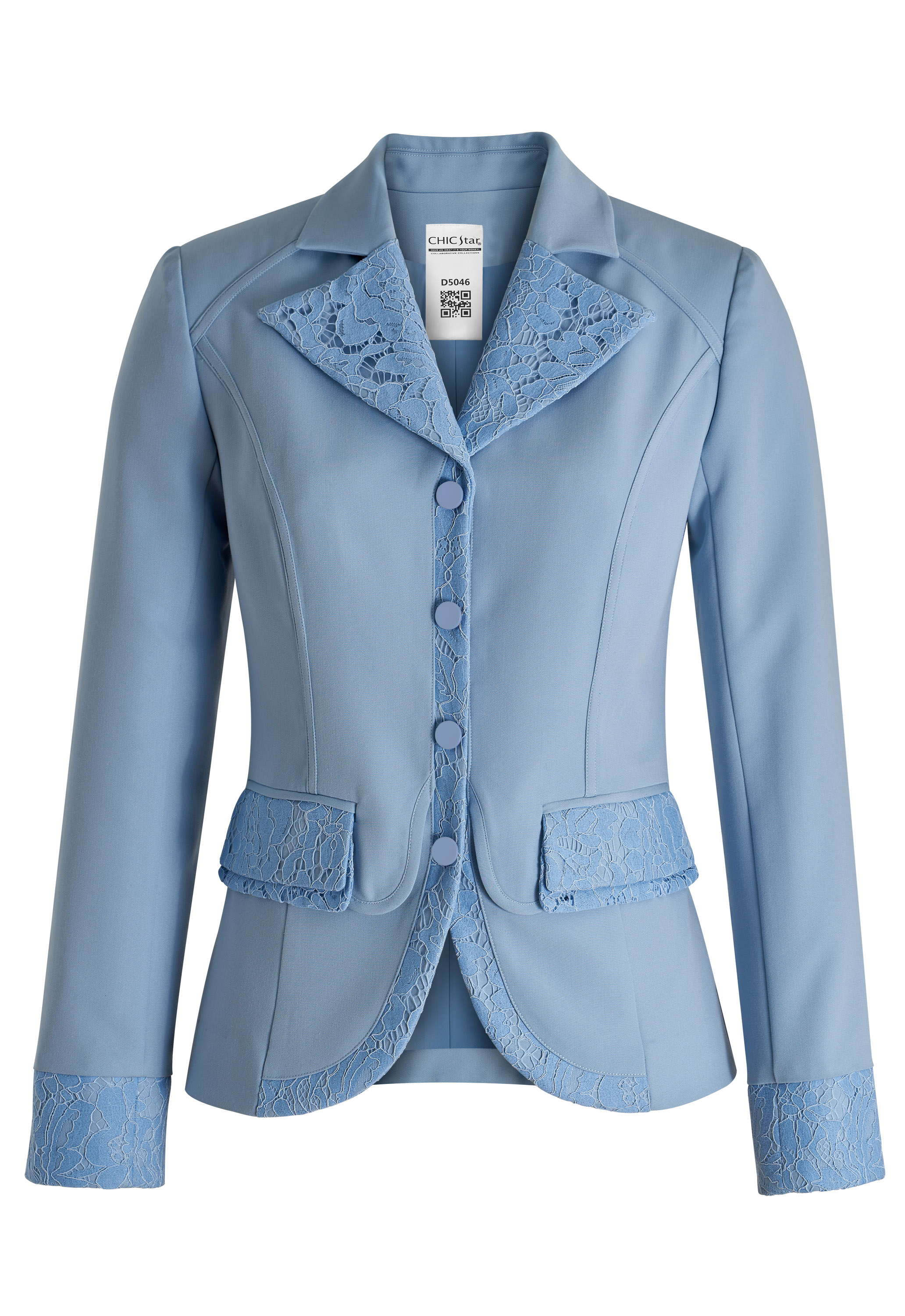 Blazer Jacket, Lace Trim Details,  Embellished Lapels, Ornate Cuffs, Flap Pockets