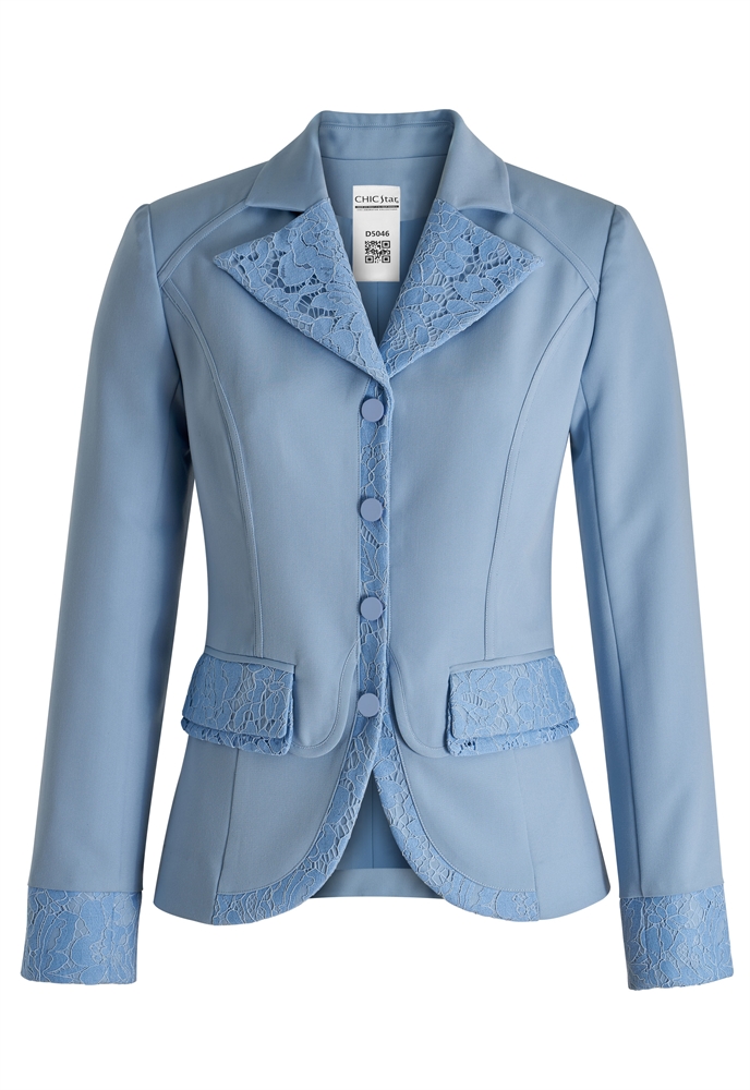 Blazer Jacket, Lace Trim Details,  Embellished Lapels, Ornate Cuffs, Flap Pockets