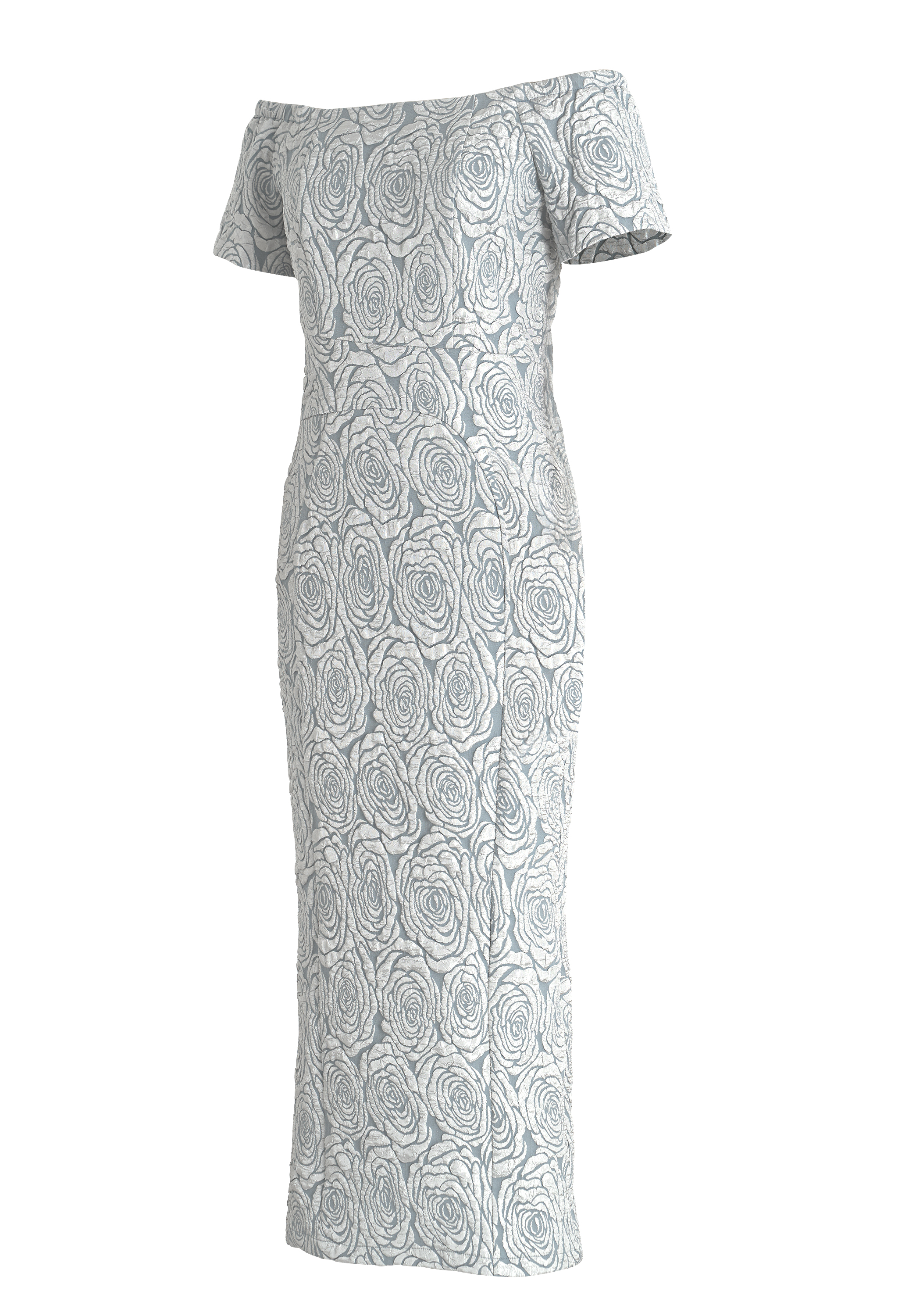 Evening Gown Dress, Jacquard Fabric with Rose Pattern, Dramatic Asymmetric Off-shoulder Neckline