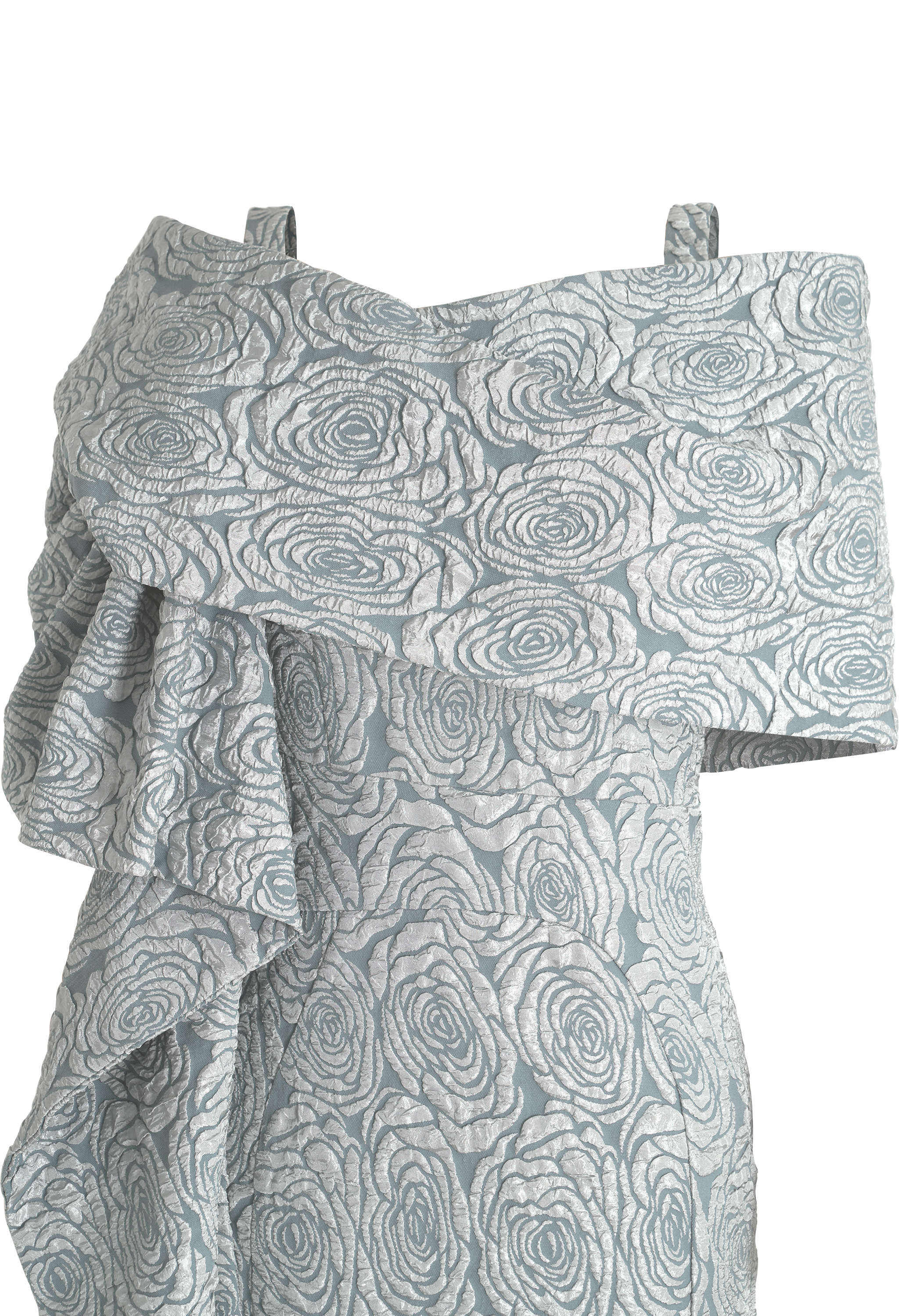 Evening Gown Dress, Jacquard Fabric with Rose Pattern, Dramatic Asymmetric Off-shoulder Neckline