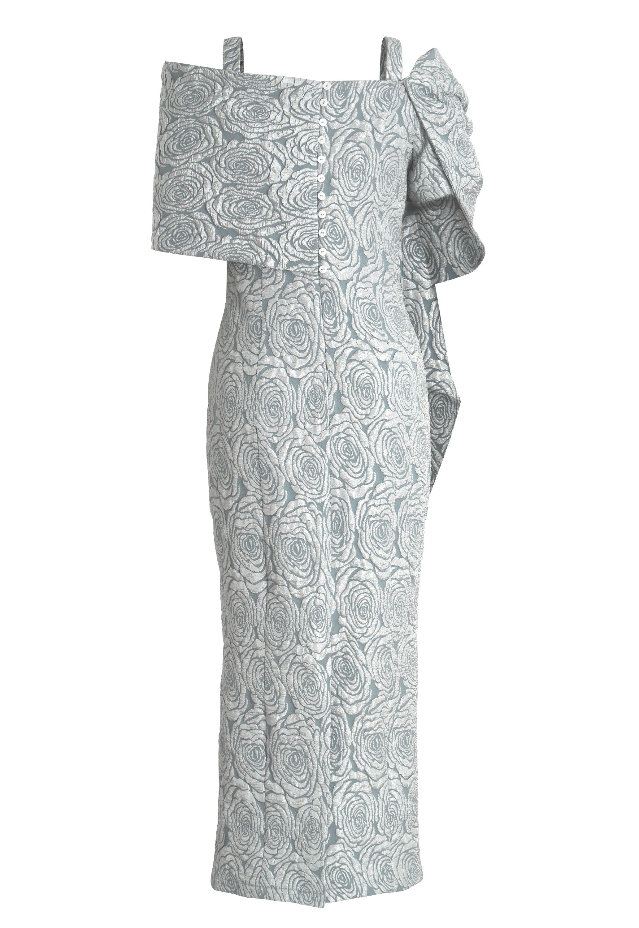Evening Gown Dress, Jacquard Fabric with Rose Pattern, Dramatic Asymmetric Off-shoulder Neckline